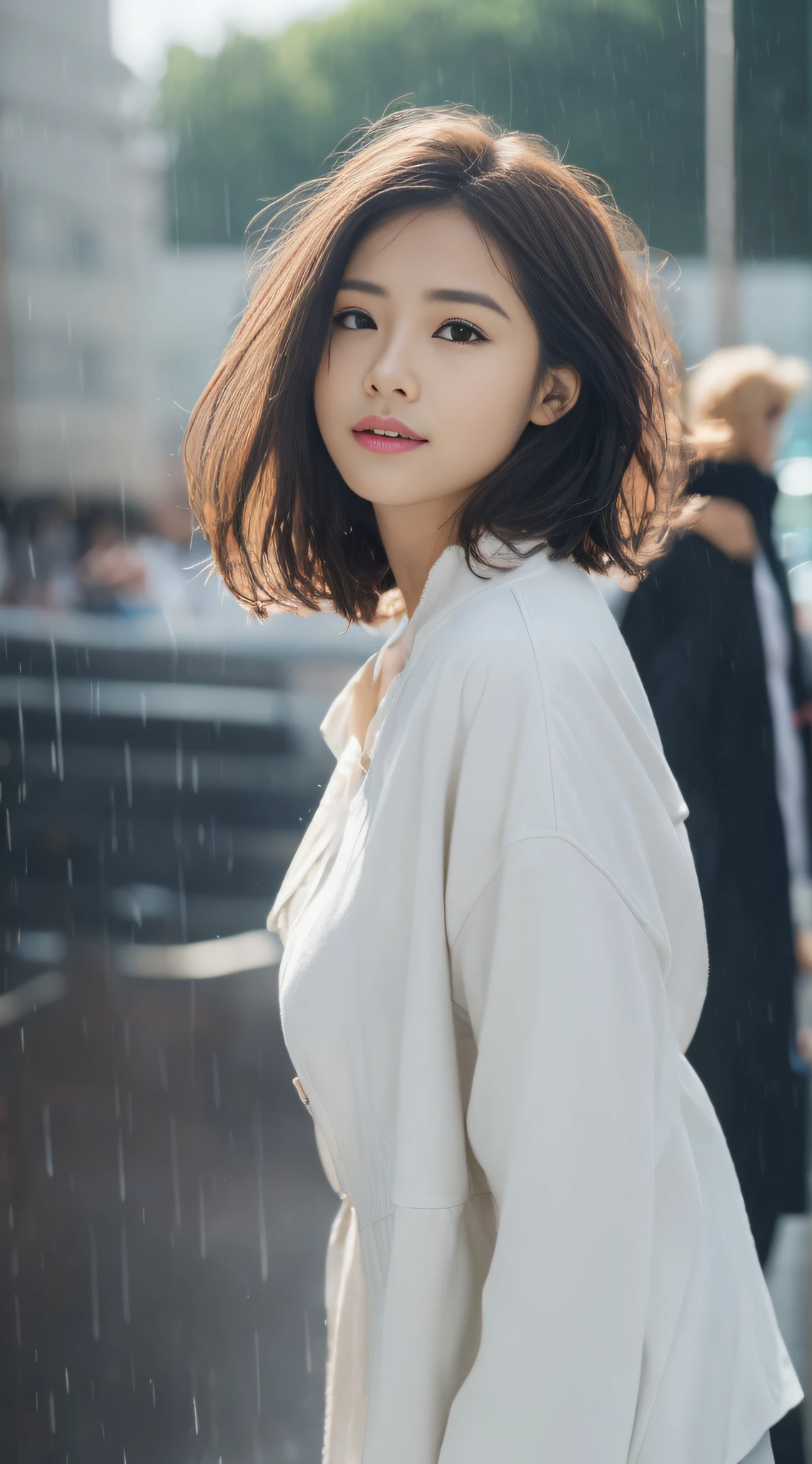 ((Best Quality, 8K, Masterpiece:1.3)), Focus: 1.2, Perfect Body Beauty: 1.4, Buttocks: 1.2, ((Layered Haircut, Breasts: 1.2)), (Wet Clothes: 1.1) , (Rain, Street:1.3), Bandeau Dress: 1.1, Highly Detailed Face and Skin Texture, Delicate Eyes, Double Eyelids, Whitened Skin, Long Hair