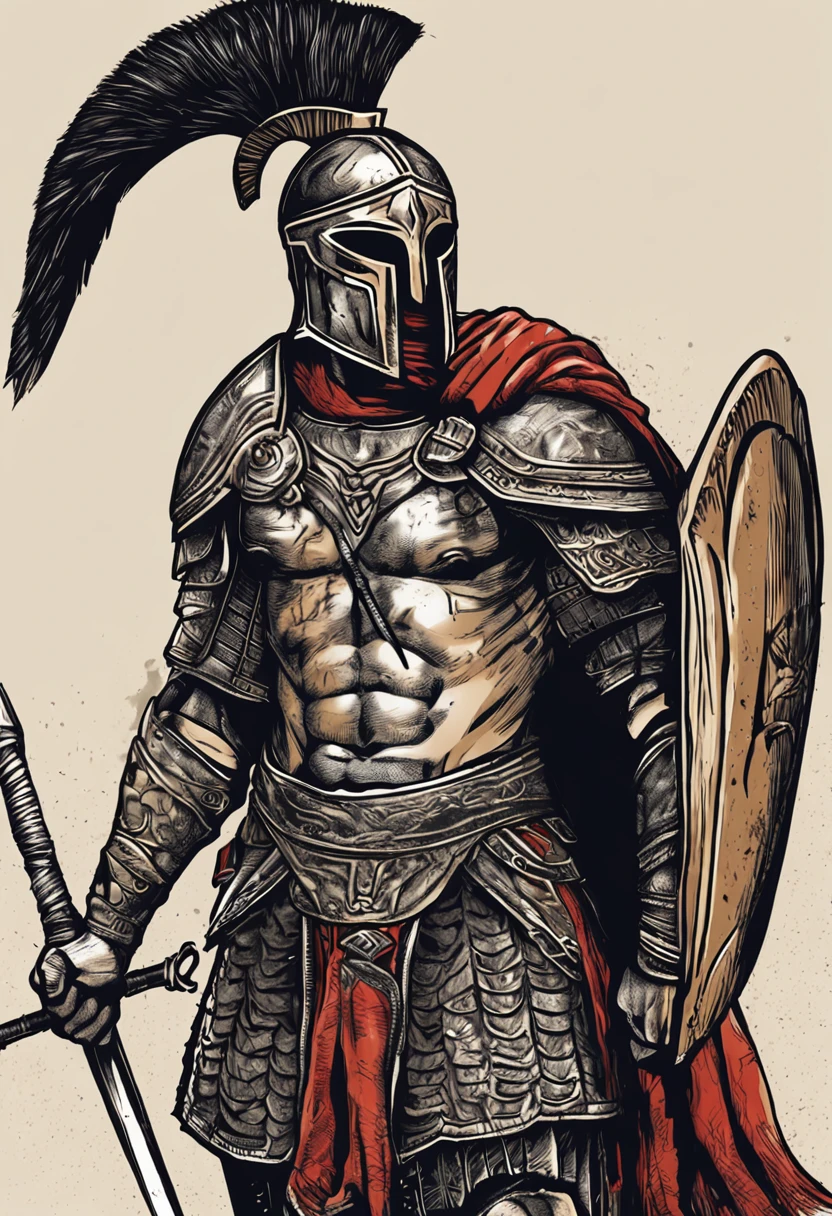 "A Spartan warrior, sua armadura resplandecente, Holding his shield and sword with determination. Ao seu lado, A symbol of family, representing the love and protection he carries in his heart. Uma tatuagem que celebra a coragem, loyalty and devotion of a Spartan warrior in protecting his family, eternalizing his legacy in his own skin.”