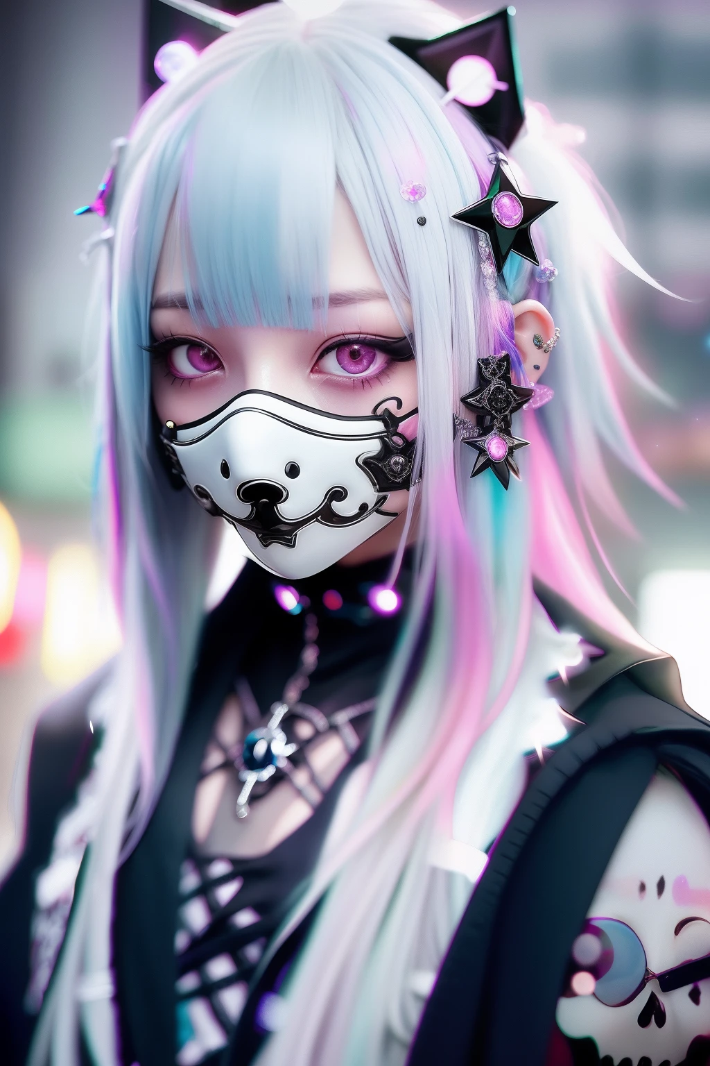 skull、☠️、Green hair color、❤️、Pink hair、blue hairs、Colorful Hair Color、goth_punk, 1girl in, 独奏, medium shot, Walking in Harajuku, ((during night)), bokeh dof, Neon light, Iridescent eyes, starrysky, White shiny hair, White eyebrows, Radiant hair, (iridescent white hair), 耳Nipple Ring, bangss, jewely, masks, bluntbangs, verd s eyes, Mouth mask, blurry backround, bblurry, hair adornments, Look at viewers, shorth hair, portraitures, side locks