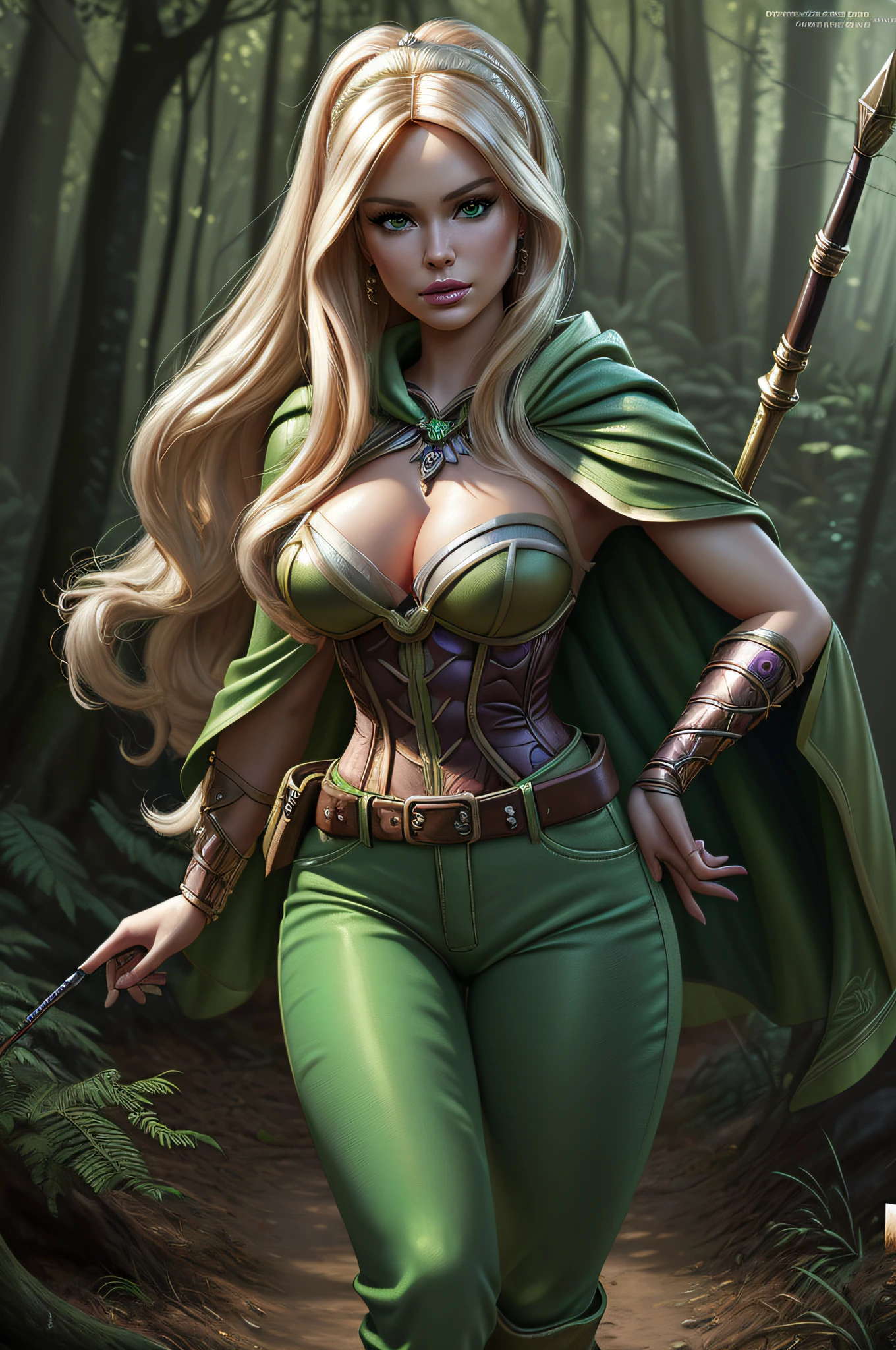 an oil painting of Barbie as fantasy ranger, ultra detailed face, ultra feminine, wearing green cloak, green pants, high heeled boots, in  a forest, D&D art, RPG art, ultra best realistic, best details, best quality, 16k, [ultra detailed], masterpiece, best quality, (extremely detailed), ultra wide shot, photorealism, depth of field, hyper realistic painting