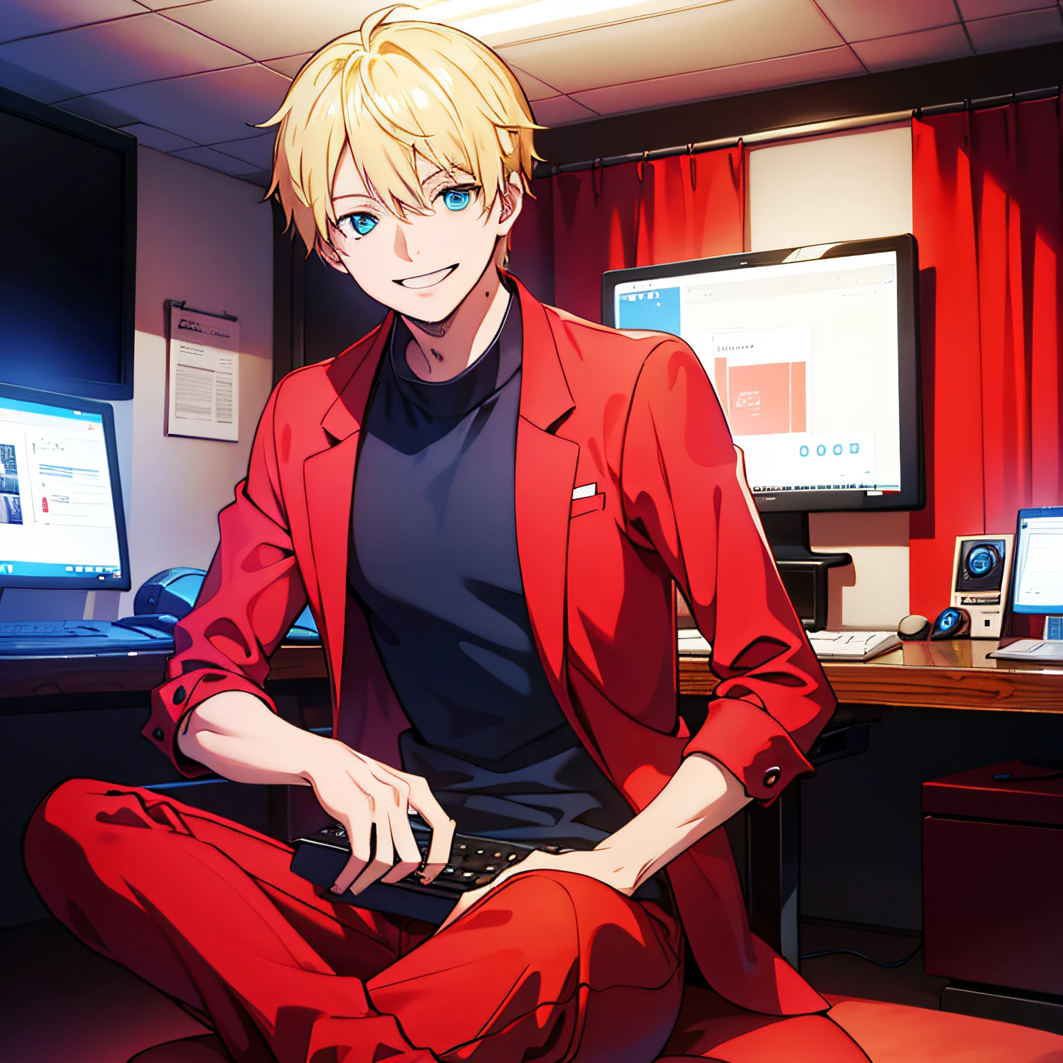 One man sitting on a chair,Smiling,Blonde with blue eyes,Wearing a red suit and a black shirt,I'm using a computer, Being in a room that makes you feel sci-fi.