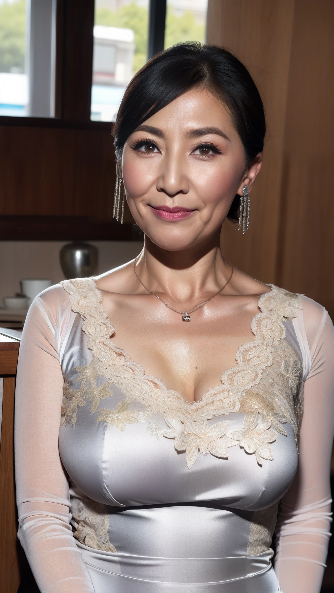 intaglio, From chest up, Wrinkles, mast, Best quality, Ultra-detailed, Photorealistic, Super detailed skin, Perfect anatomy, (1 Japanese mature female), (Solo), 75 years old, Big breasts, Mature female politician, carismatic, A sexy, Chromo-white skin, view the viewer, middle aged women,(No cleavage),upper legs, Makeup, (Lipstick: 1.1), (Eyeliner: 1.2), Mascara, Eyeshadow, Wavy Hair, Room, Outdoors, Earrings, necklace, see-through shiny sleeveless dress, black pantyhose, Wrinkles at the corners of the eyes, Oral wrinkles, sitting in Coffee shop,