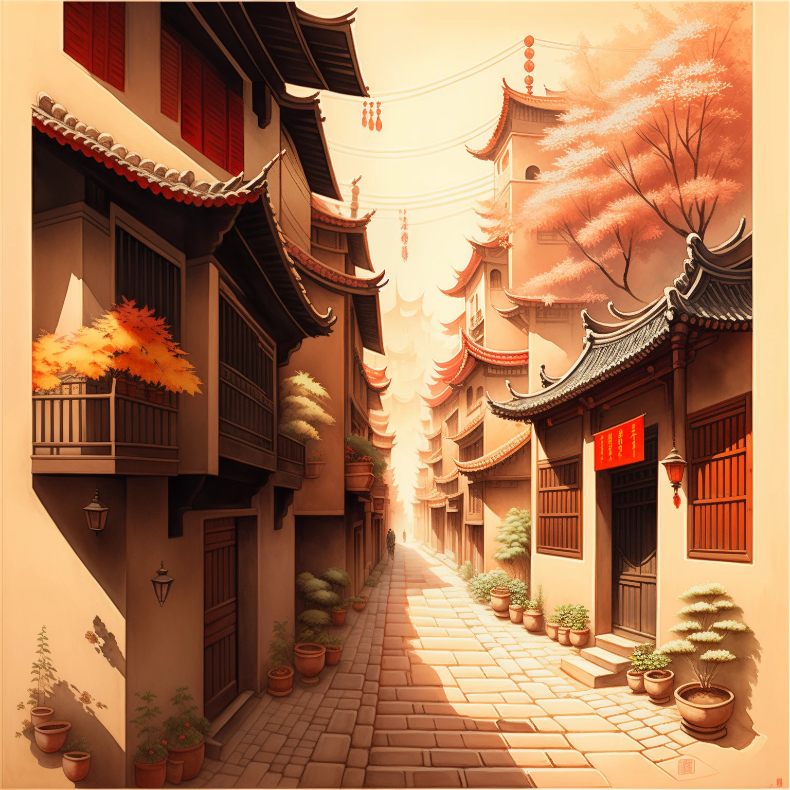 The alleys in Beijing are unique ancient streets and alleys. In autumn, the old buildings on both sides of the alleys complement the red leaves, allowing for the capture of the simple and warm style of the alleys. Tradition Chinese Ink Painting, watercolor, A bird's - eye view, aerial view, bright, Morning sunlight, hyper quality, —ar 9:16 —v 5.2 —s 250