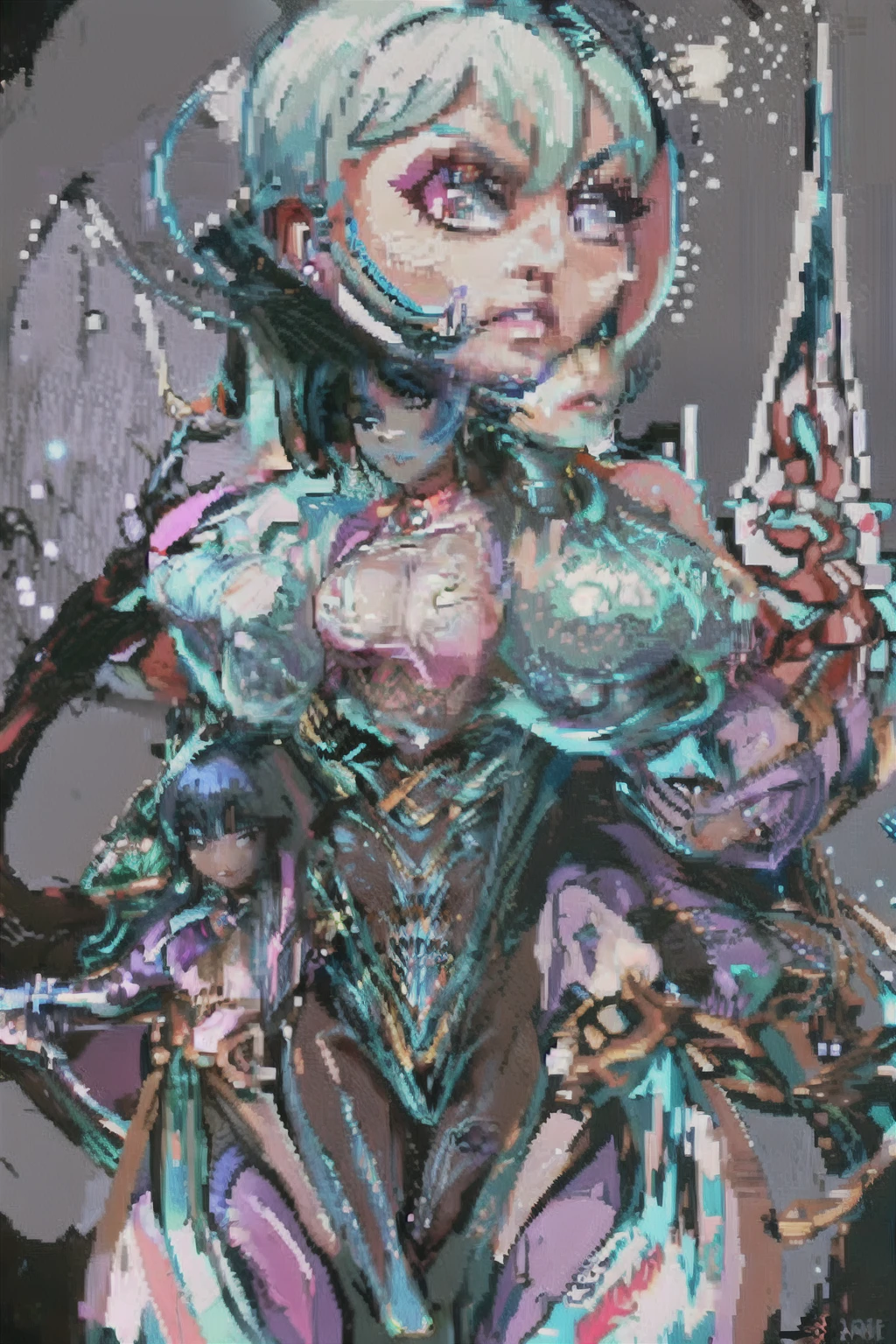 Close-up of a woman posing for a photo in a blue tights, an oppai cyberpunk, Biomechanical OPPAI, Cyan corset, Japanese goddess, spasming,A black face,Glow skin, thicc, blonde goddess, Ross Tran 8 K, seductive anime girls, Sexy girl, giant stunning goddess shot, intricate body, Ross Tran style, WLOP Art