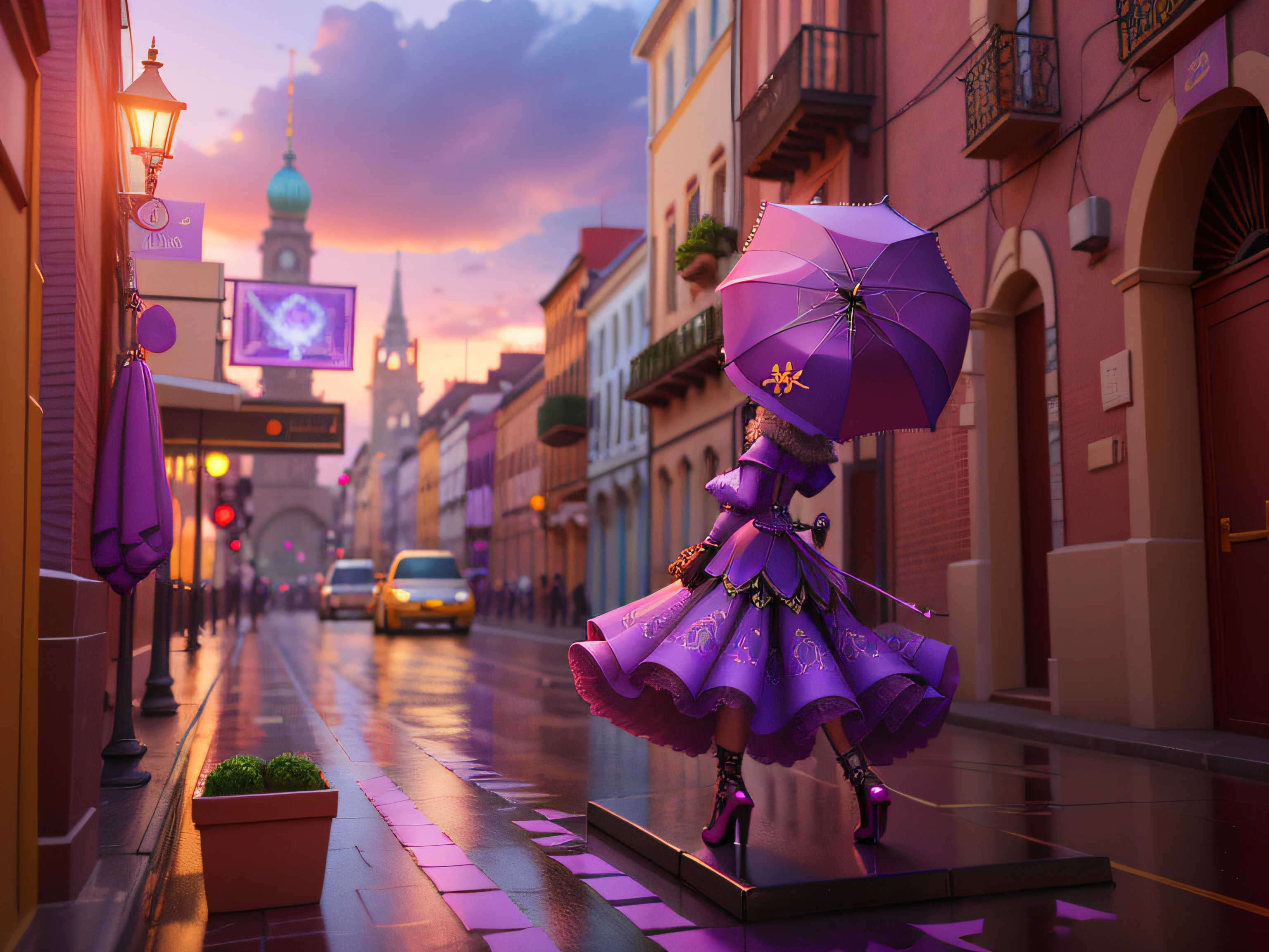 There is a woman who is holding a purple umbrella on a street, um gigante o ataque em sua direcao, arte de fantasia urbana estilizada, modelo de moda ciborgue, 3 d artistic render, Ciborgue Aumentado, efeito de lente cyberpunk pincushion, 3d renderizar arte digital, arte conceitual do metaverso, Arte Digital, Arte Digital, digital art render, surreal 3 d render, hero pose colorful city lighting