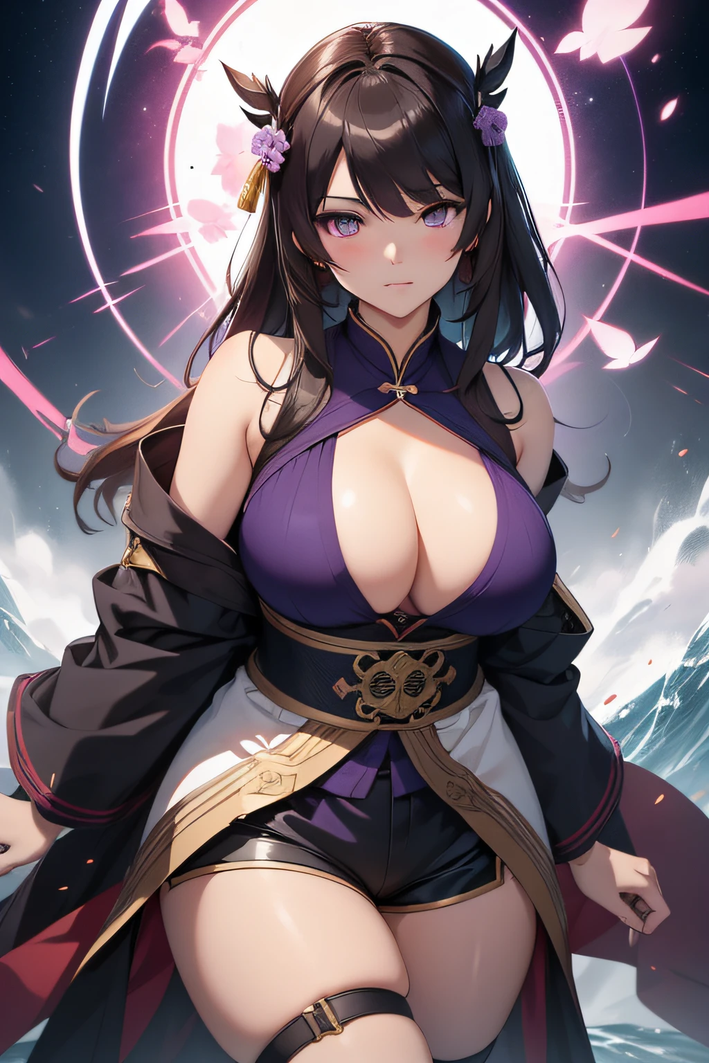 (masterpiece), best quality, expressive eyes, perfect face, perfect hands, large cleavage, long round legs, round ass, (anime girl with big breasts posing in a form-fitting light lavander, sleeveless kimono-style blouse with vertical lines, tied with a dark purple obi around her waist and short dark navy shorts), deep black-haired mage, seductive anime girl, ayaka genshin impact, extremely detailed artgerm, from girls frontline, range murata and artgerm, full body xianxia, style artgerm, beautiful alluring anime woman, thicc, guweiz on artstation pixiv