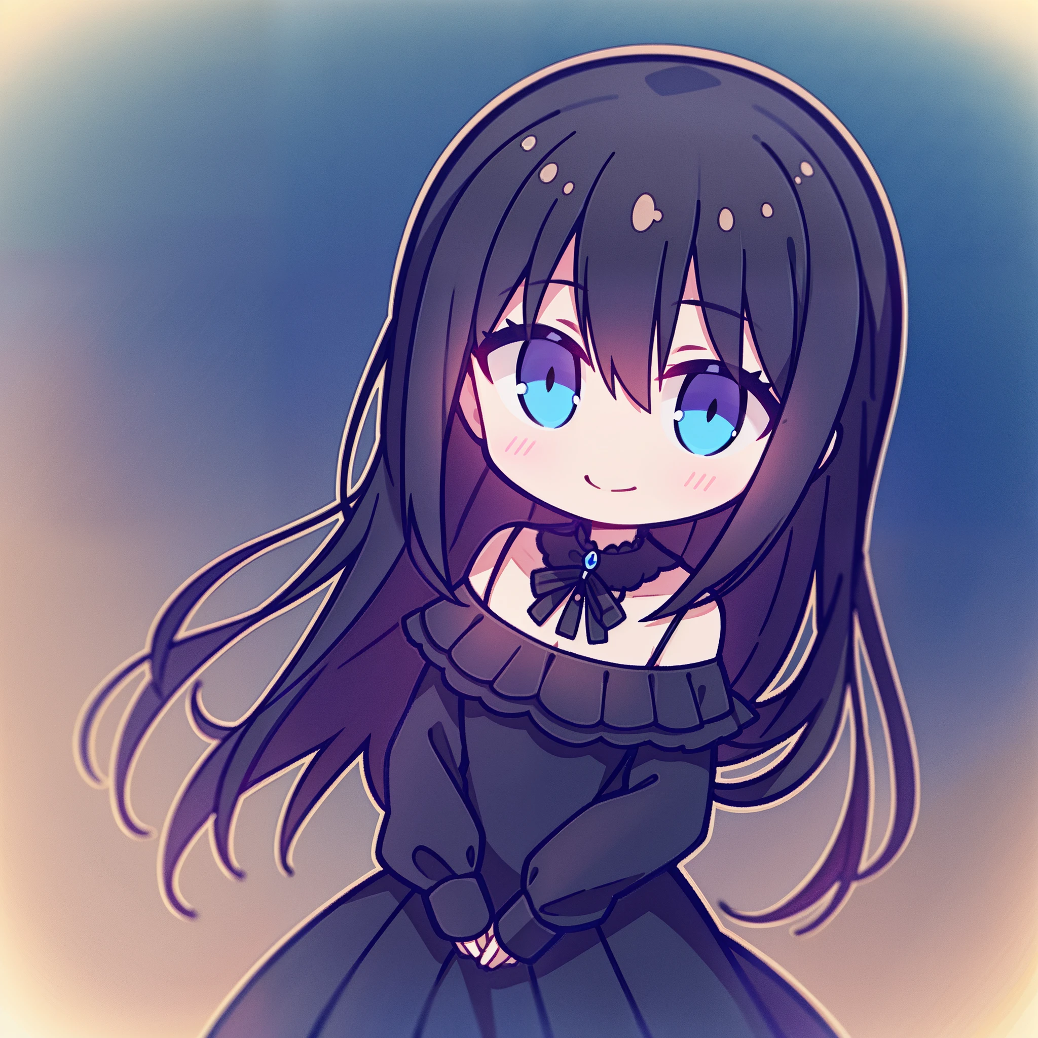 The girl smiled maliciously,Dark black hair,Bright blue eyes,Black velvet shirt,Black silk long dress