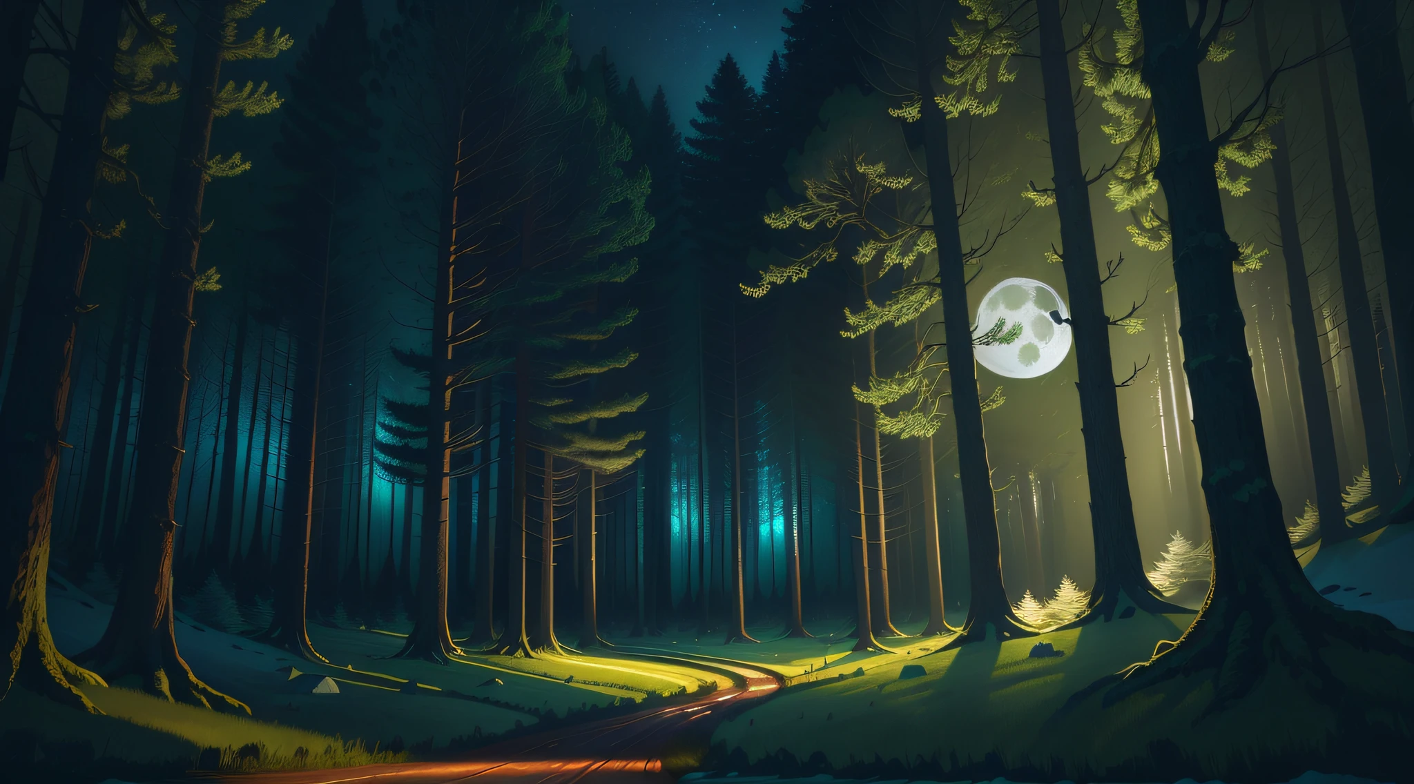 arafed image of a forest with a path and a full moon, quiet forest night scene, moonlit forest environment, anime lush john 8k woods, moonlit forest, night in the forest, night forest, forest and moon, forest at night, calm night. digital illustration, background artwork, in the forest at night, cyber space forest scene
