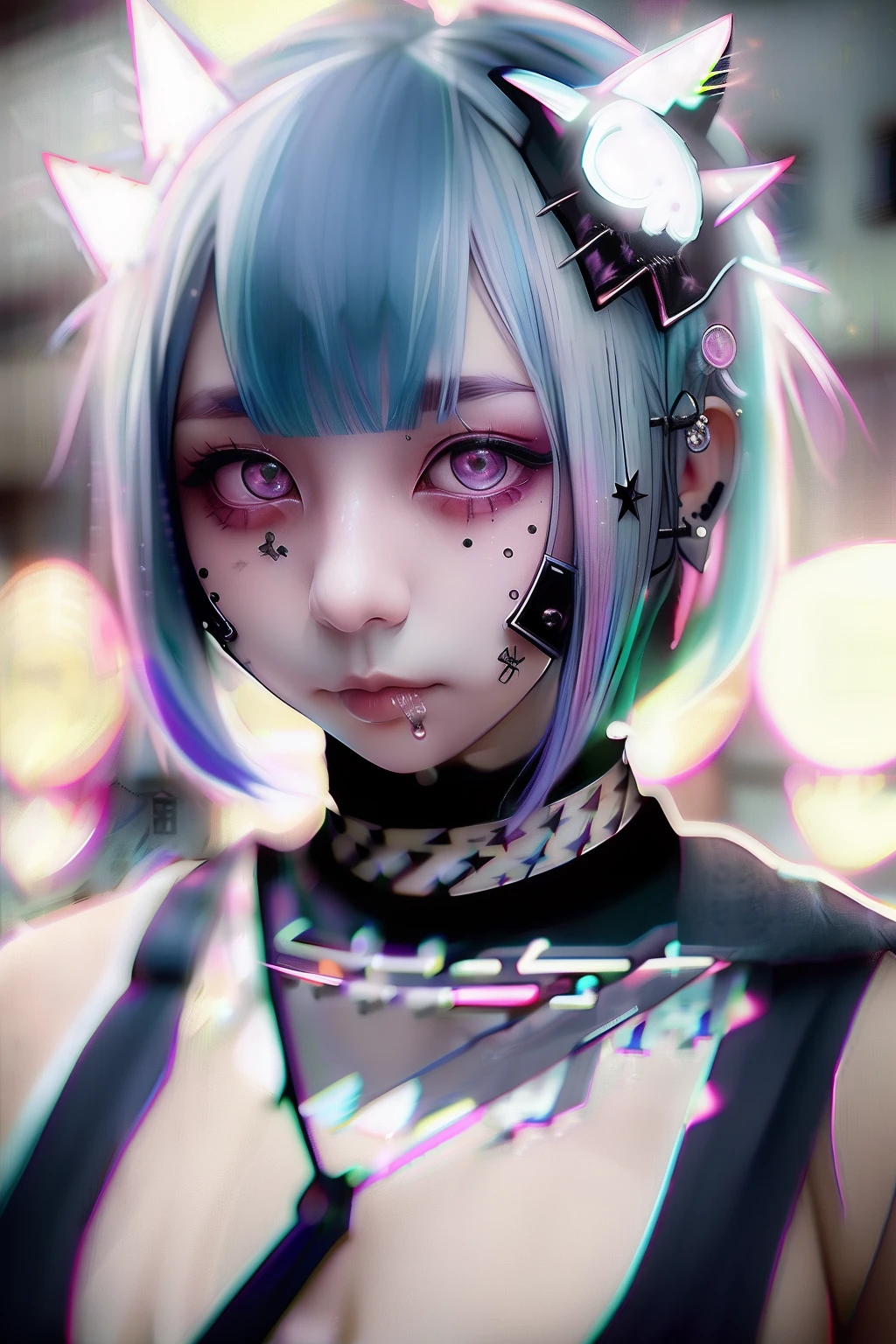 head phone、🎧、A dark-haired、Black hair、🏴‍☠️、skull、☠️、Green hair color、❤️、Pink hair、blue hairs、Colorful Hair Color、goth_punk, 1girl in, 独奏, medium shot, Walking in Harajuku, ((during night)), bokeh dof, Neon light, Iridescent eyes, starrysky, White shiny hair, White eyebrows, Radiant hair, (iridescent white hair), 耳Nipple Ring, bangss, jewely, masks, bluntbangs, verd s eyes, Mouth mask, blurry backround, bblurry, hair adornments, Look at viewers, shorth hair, portraitures, side locks