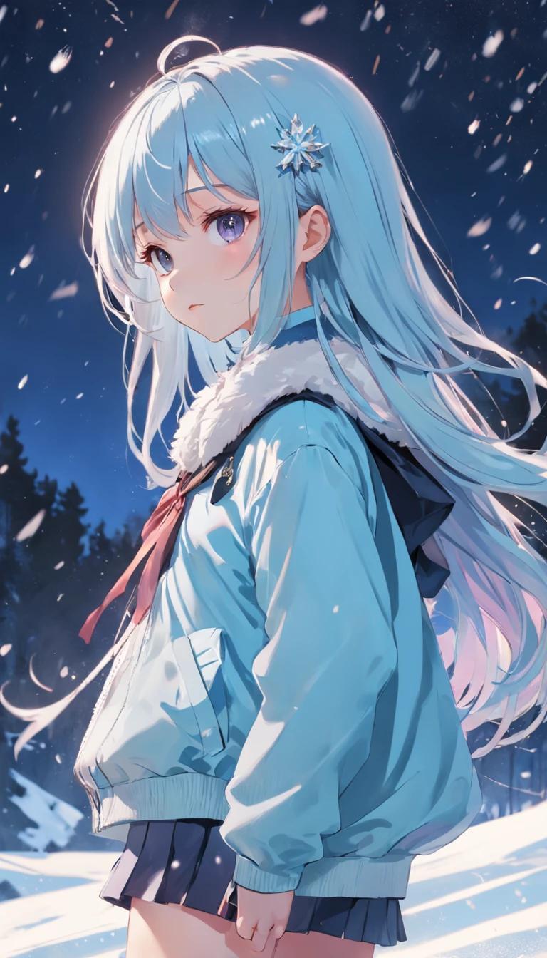 (masutepiece),full body Esbian, (Best Quality), (ultra-detailliert),(disheed hair),(Illustration), (1girll), (Fashionable clothing), girls, Fashion Model, (Simple background),beautiful and delicate eyes,Delicate beauty,On the snow,(high saturated),(Colorful splashes),Silver snow,(shine),Focus on the face,lightblue hair,By bangs,hair rings,Floating flowers,floated hair,(shiny),The best lighting,Best Shadow,