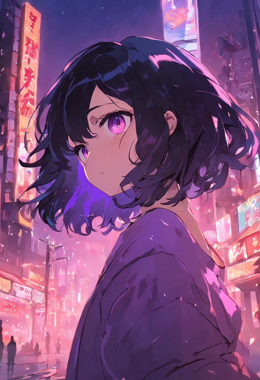 black hair girl,with fair skin,short detailed hair,curlies,Purple eye,tthin eyebrows,Purple skin,Lol Kasha