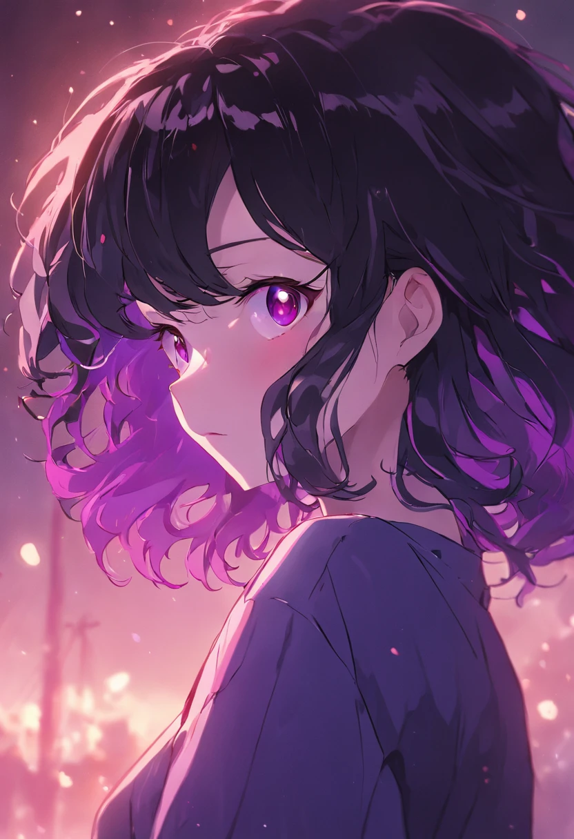 black hair girl，with fair skin，short detailed hair，curlies，Purple eye，tthin eyebrows，Purple skin，Lol Kasha