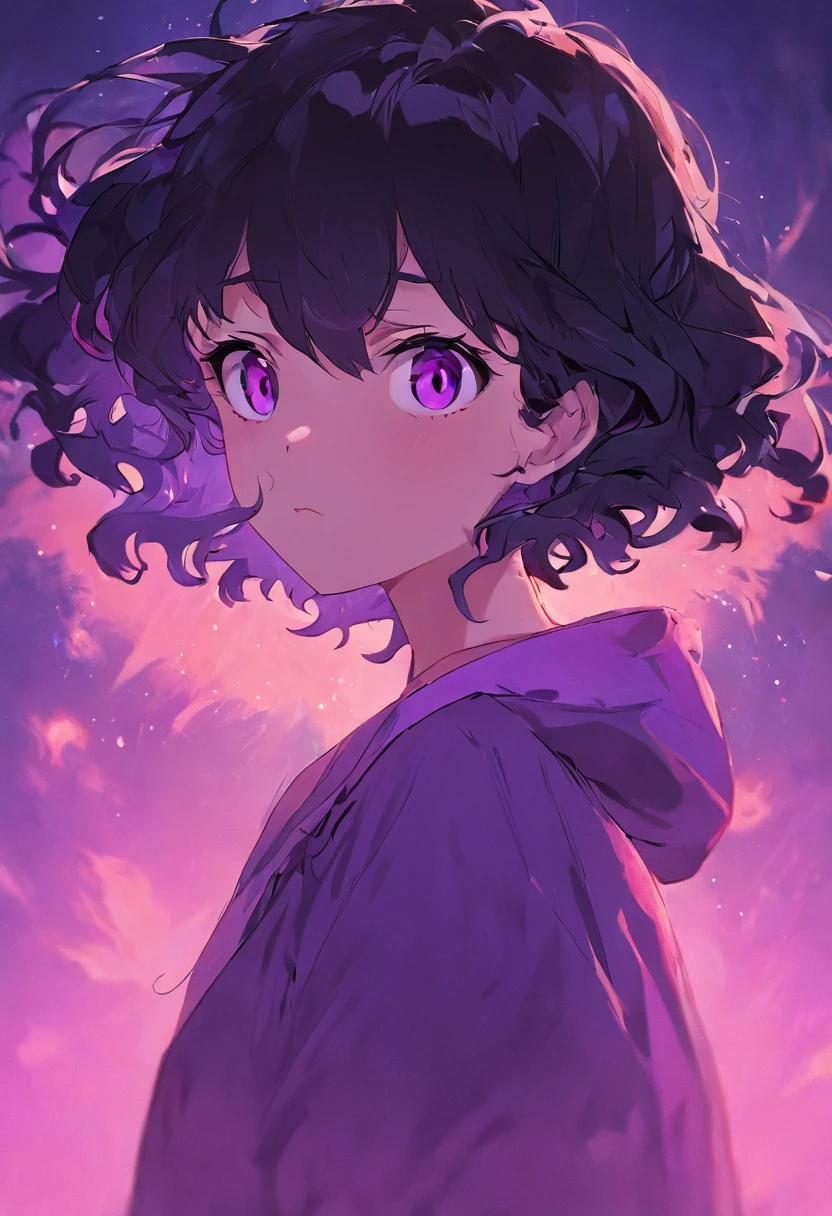 black hair girl,with fair skin,short detailed hair,curlies,Purple eye,tthin eyebrows,Purple skin,Lol Kasha