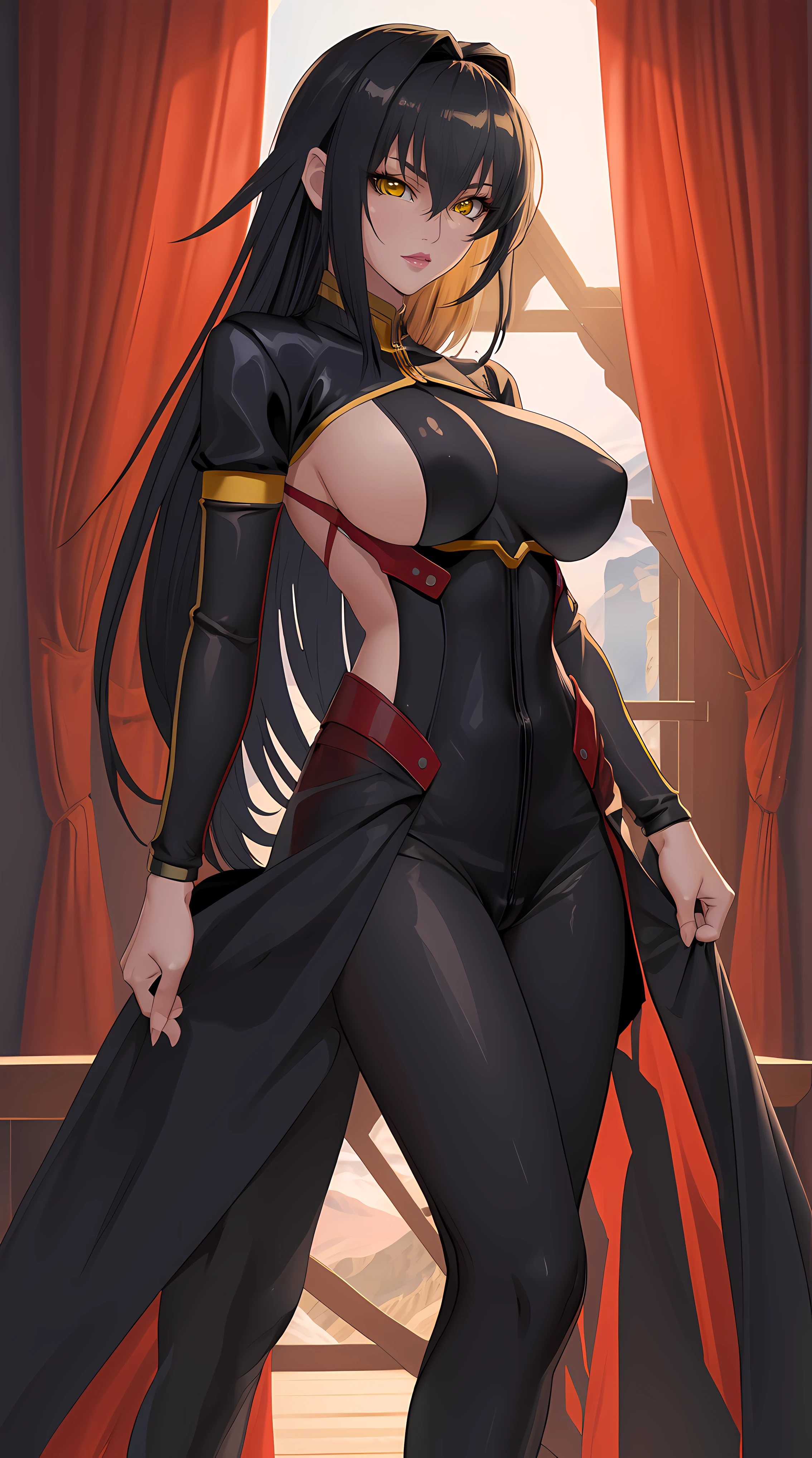 Annerose, 1girl, female mature, black hair, long hair, yellow eyes, large breasts, skin tight, hair intakes, (exquisite character details, beautiful lips, beautiful yellow eyes, beautiful face, beautiful and properly clothed), extremely detail unity 8k wallpaper, (solo:1.5), extremely detail background, stand on the edge of high mountain with day sky view, (bodysuit, fully suited, closed clothes)
