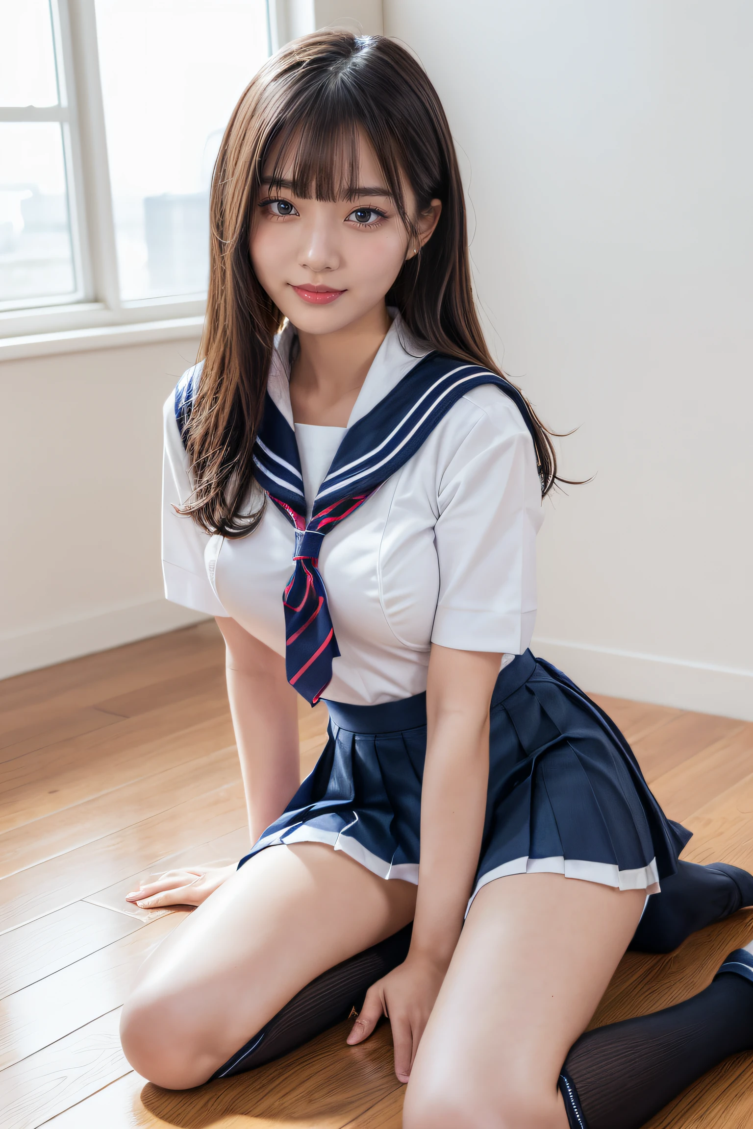 (reality: 1.4),highest quality, masterpiece, high detail, 16K quality, beautiful, 1 beautiful girl,japanese,super beautiful face,,japanese idol face,cute face,super detailed face,detailed hand,beautiful skin,oily skin,big eyes,profeccional lighting,medium hair,blonde hair,brown beautiful eyes, big smile,standing, (skirt lift),big breasts,(sailor suit),(checked skirt),white panties,(showing panties),black high socks,spread legs, she is looking at the camera,classroom, nsfw,from below,