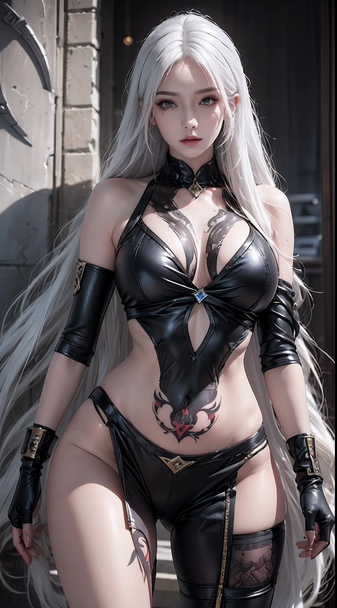 Photorealistic, high resolution, 1 woman, Hips up, Beautiful eyes, White hair, Long hair, tattoo, jewelry, ringed eyes, zed (/league of legends/), zed skin, ninja clothing, blade