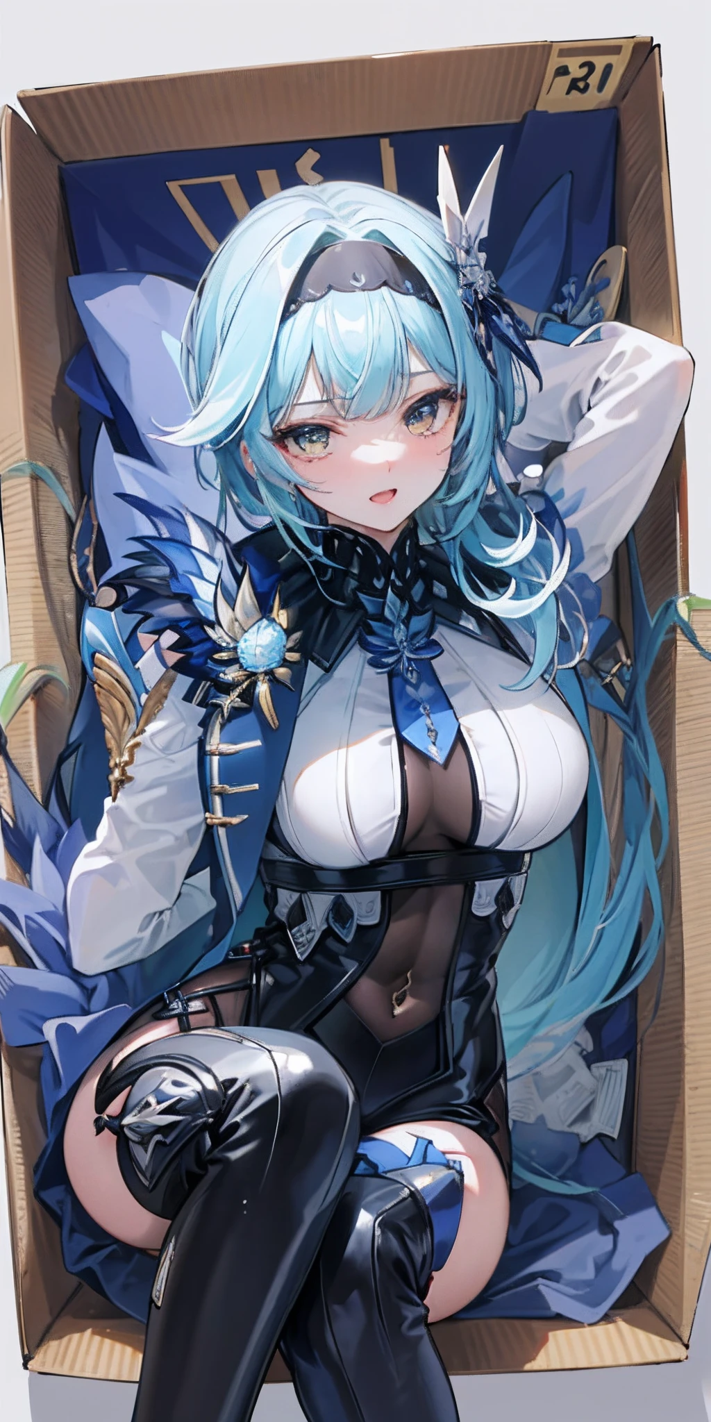 (masterpiece, top quality, best quality, official art, beautiful and aesthetic:1.2),(8k, best quality, masterpiece:1.2), there is a woman sitting in a box full of money and diamod, facial expressions that are so sexy and seductive, the color of the box is blue, the contents of the box are primogem ghenshin impact, open smiling mouth, sad expression
