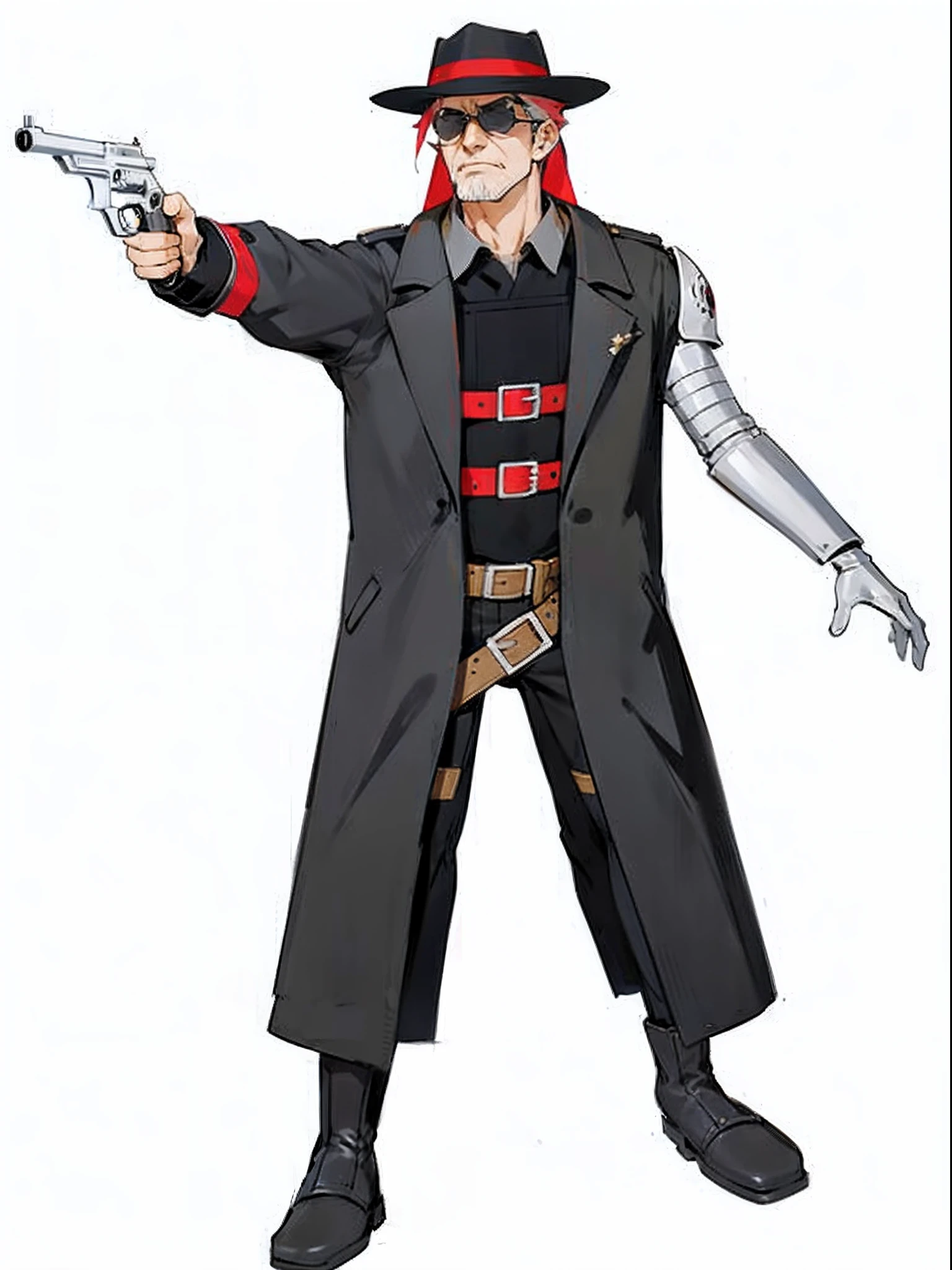 a cartoon of a man in a black coat holding a gun, official character art, single character full body, full body character concept, full body concept, full body character, jrpg character, clean cel shaded, full body single character, rpg portrait full body, ( ( character concept art ) ), d & d style full body portrait, official character illustration, western town backdrop