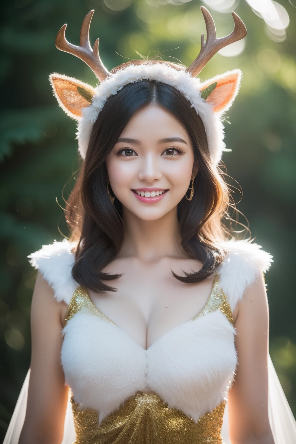 sexy stylish female, only 1 female, beautiful smile, lipgloss, long lashes, defined eyebrows, closeup photo, professional fox cosplay, fox outfit, fox headpiece, long fluffy fur coat, fluffy fur choker, fluffy fur bracelets, look at the camera, cinematic light, cosplay photo shooting, large park background with trees and flowers, sweet and sexy pose, seductive look