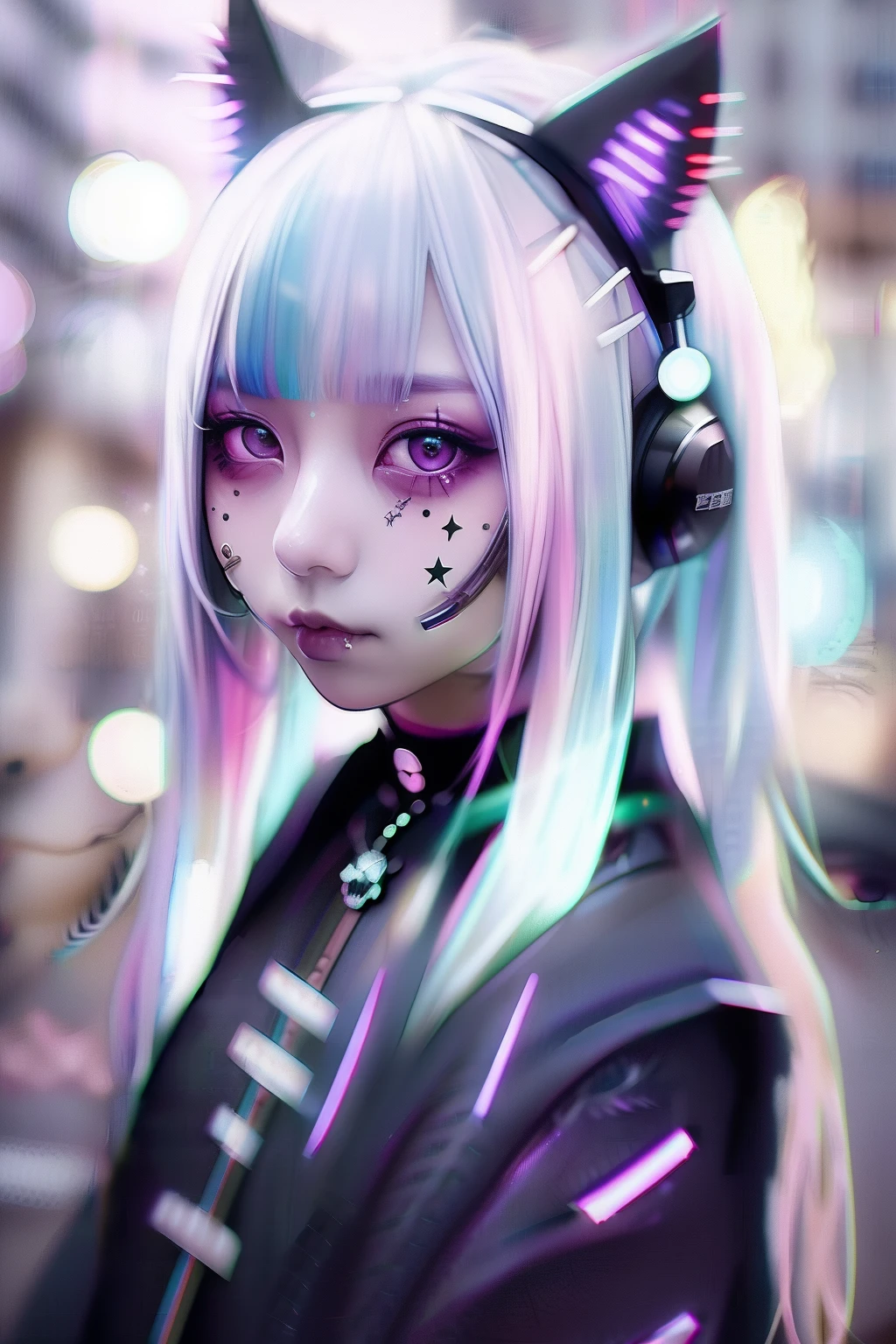 head phone、🎧、A dark-haired、Black hair、🏴‍☠️、skull、☠️、Green hair color、❤️、Pink hair、blue hairs、Colorful Hair Color、goth_punk, 1girl in, 独奏, medium shot, Walking in Harajuku, ((during night)), bokeh dof, Neon light, Iridescent eyes, starrysky, White shiny hair, White eyebrows, Radiant hair, (iridescent white hair), 耳Nipple Ring, bangss, jewely, masks, bluntbangs, verd s eyes, Mouth mask, blurry backround, bblurry, hair adornments, Look at viewers, shorth hair, portraitures, side locks