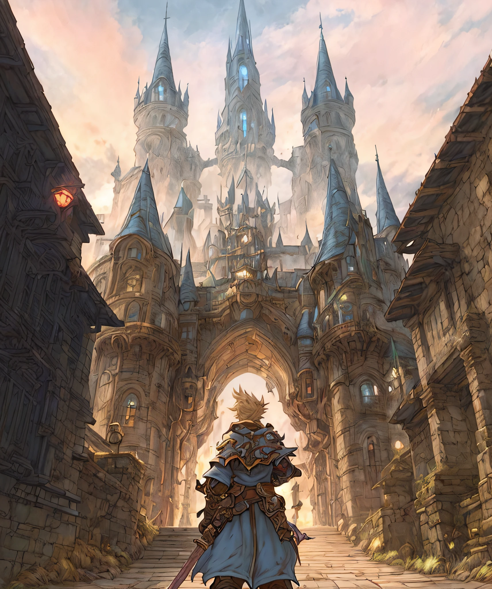 a close up of a person walking through a town with a castle in the background, final fantasy artwork concept, in front of a fantasy city, medeival fantasy town, final fantasy vll world concept, from bravely default ii, background art, a bustling magical town, granblue fantasy, magical fantasy 2 d concept art, by Akihiko Yoshida, town background, masterpiece, high quality, best quality, high detail, perfect draw, official artwork, detailed cover artwork, key art, promo art, album art, front cover of a new video game, enhanced, official art, anime cover, board game cover art, promotional art, box art, album art cover, game cover, battle chasers, official anime artwork, album cover, high quality face, high quality hand, by bestiary_style, males and females, fantasy rpg, warrior, armor, sword, high detailed faces, multicolor eyes,