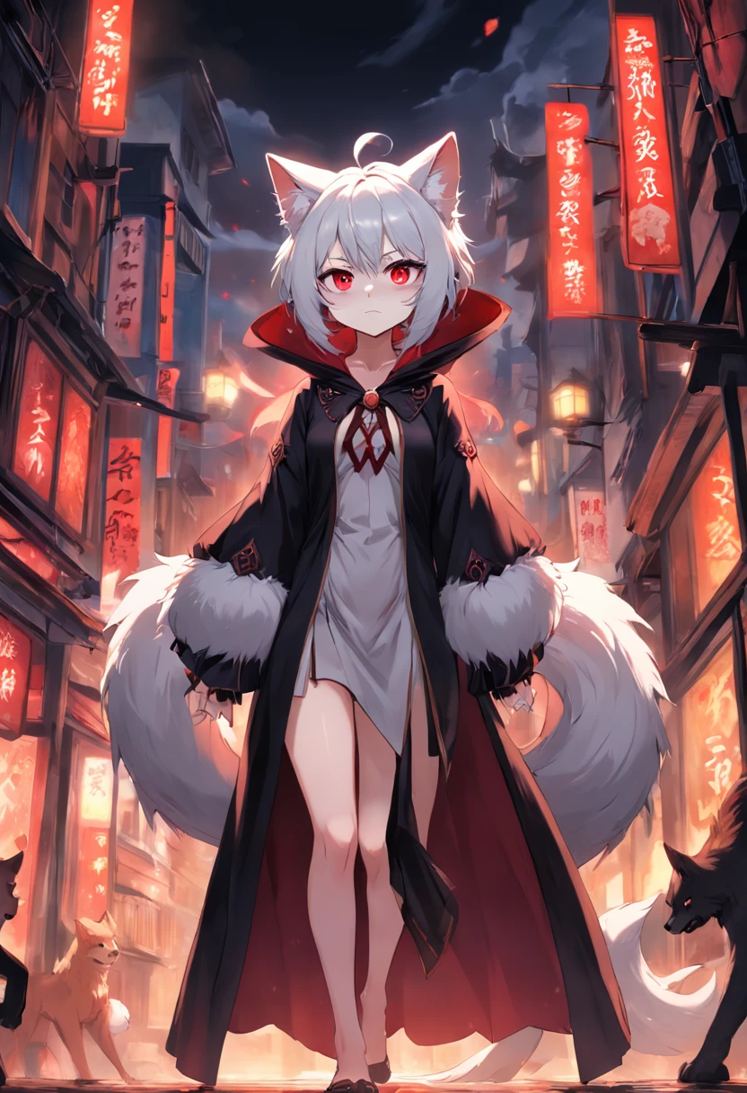(ambiente dark:0.8) eyes with brightness, in a panoramic view, Character focus.(detailedbackground:0.7), 独奏, shaggy, Furry female, female focus, Towering chest,(Full Body Furry, Fluffy tail, White fur, red color eyes, Gray hair:1.2), (long canines、Vampires、cloaks:1.2),(interiors、the night、borgar、casket:1.1)