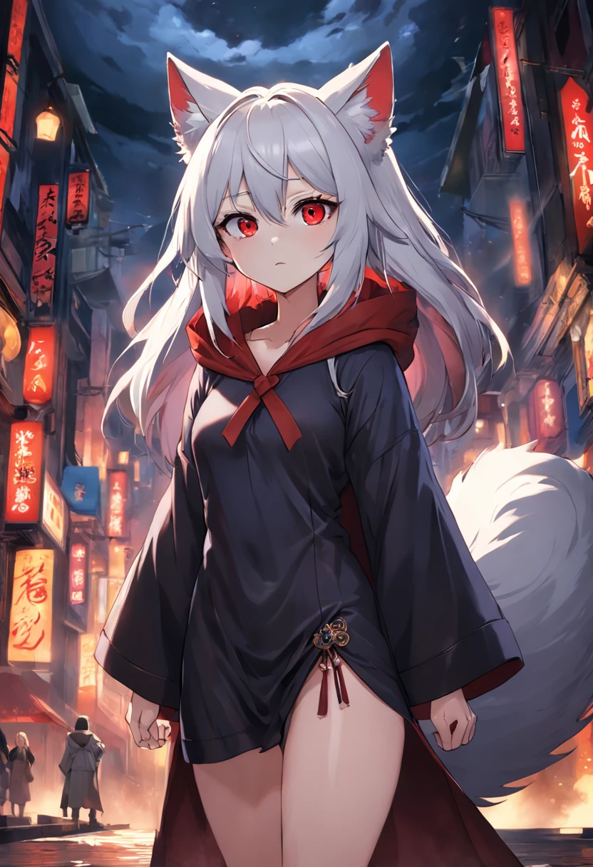 (ambiente dark:0.8) eyes with brightness, in a panoramic view, Character focus.(detailedbackground:0.7), 独奏, shaggy, Furry female, female focus, Towering chest,(Full Body Furry, Fluffy tail, White fur, red color eyes, Gray hair:1.2), (long canines、Vampires、cloaks:1.2),(interiors、the night、borgar、casket:1.1)