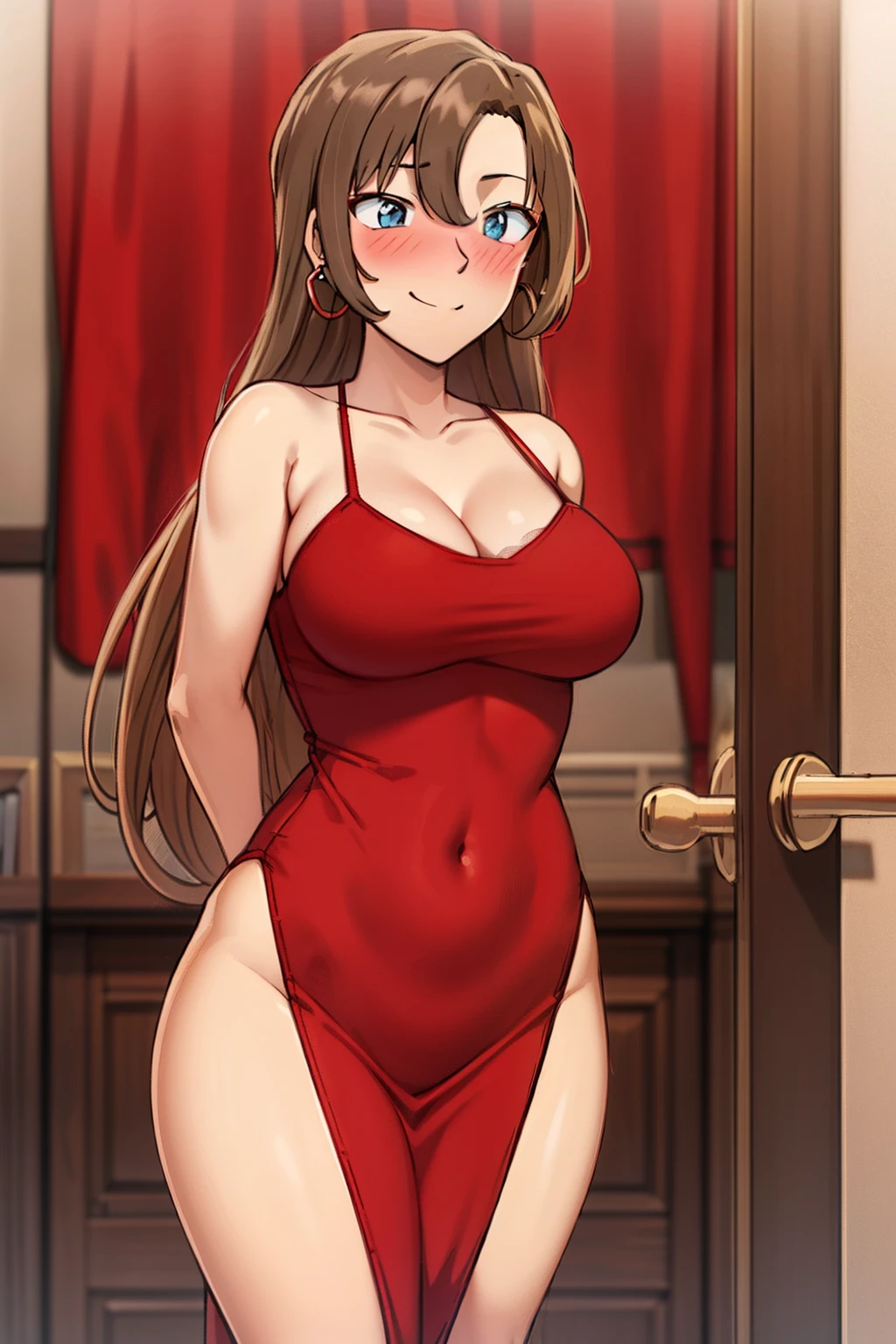 Masterpiece,Best quality,High quality,1girll, Long hair,Medium breasts,nose blush,Earrings, cheerfulness,perspire，Be red in the face，The blush is red，cocktail dress, Body fit perspective,Curvy, Athletic figure,inside in room，sofe