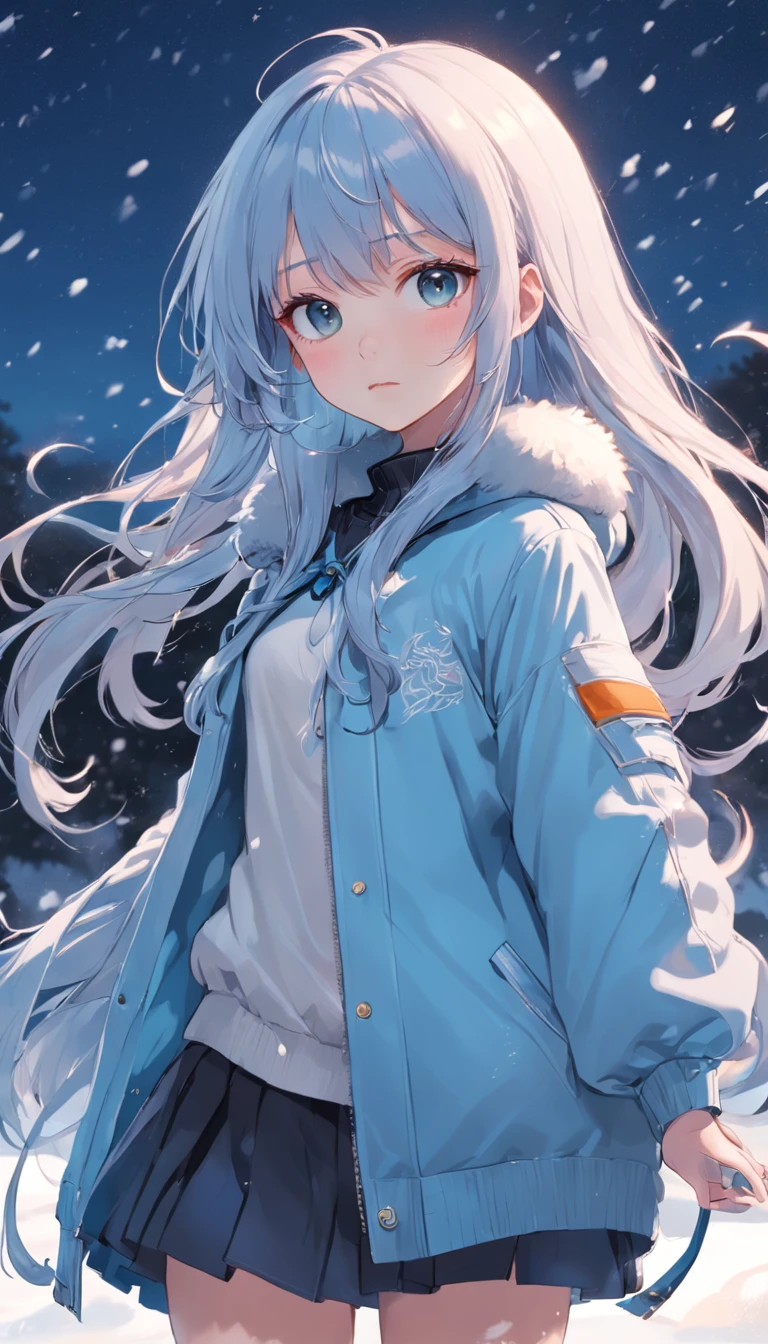 (masutepiece),full body Esbian, (Best Quality), (ultra-detailliert),(disheed hair),(Illustration), (1girll), (Fashionable clothing), schoolgirls, Fashion Model, (Simple background),beautiful and delicate eyes，Delicate beauty，On the snow，（high saturated），（Colorful splashes），Silver snow，（shine），Focus on the face，lightblue hair，By bangs，hair rings，Floating flowers，floated hair，（shiny），The best lighting，Best Shadow，