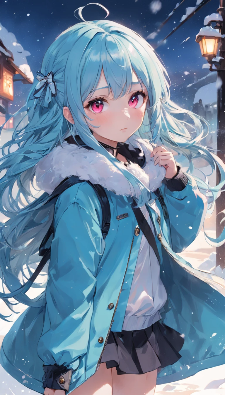 (masutepiece),full body Esbian, (Best Quality), (ultra-detailliert),(disheed hair),(Illustration), (1girll), (Fashionable clothing), schoolgirls, Fashion Model, (Simple background),beautiful and delicate eyes,Delicate beauty,On the snow,(high saturated),(Colorful splashes),Silver snow,(shine),Focus on the face,lightblue hair,By bangs,hair rings,Floating flowers,floated hair,(shiny),The best lighting,Best Shadow,