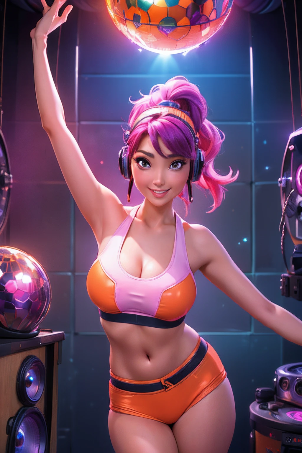 1girl in,RAW Photography, top-quality, masterpiece, Very delicate and beautiful to brunette, ighly detailed, CG, Unity, amazingly detail, Up to detail, masterpiece, top-quality, Official Art, the Extremely Detailed CG Unity 8K Wallpapers, ultra-detailliert, hight resolution, ighly detailed, (realisitic, Photorealsitic:1.6), masuter piece、super-fine、A hyper-realistic、Cowboy Shot、(A woman full of power、sano、youthfulness、Bright and energetic daughter)、(Dynamic Poses:1.3)、A charming smile、A charming smile, Maximum 4 fingers and 1 thumb relationship, (Beautiful female artist in DJ suit with orange top and headphones、dj set、Sportsbra、headphones dj rave, Sportsbra, dj at a party、dj rave party、CGstation、(((Huge speaker in background)))、(((Every wall is speaker)))、(Lots of mirror ball light:1.5), (colourful hair)、Glowing hair、inner colored、smokey、Bold composition、More dramatic compositions、a powerful composition、