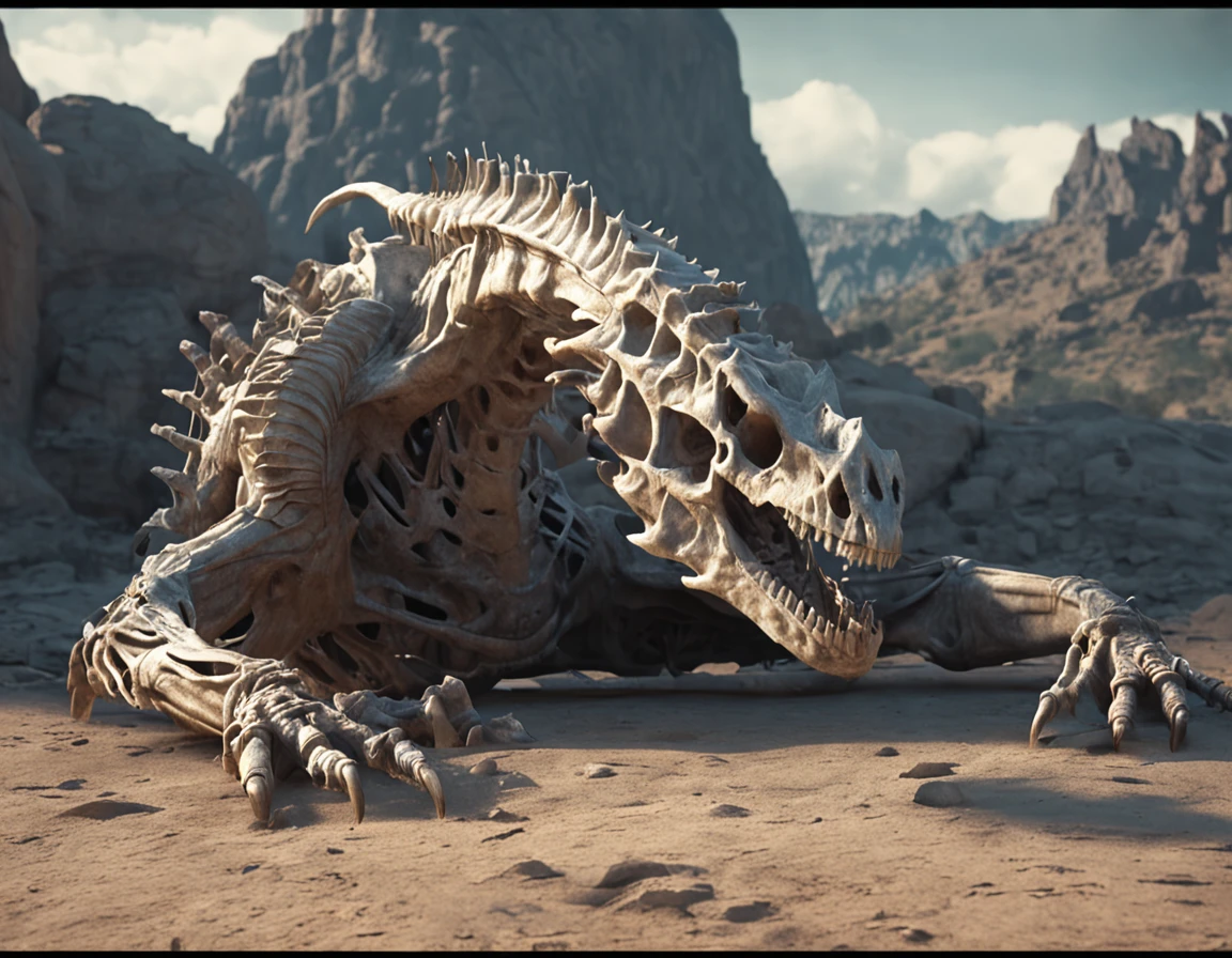 A gigantic dead dragon skeleton lying on the ground of a flat terrain