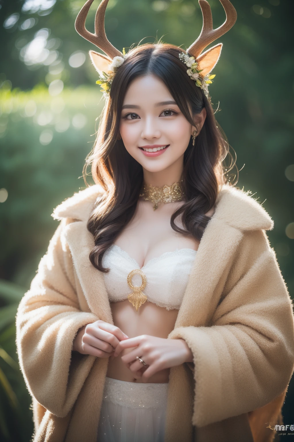 depth of field, cinematic lighting, reflection light, ray tracing, UHD, best quality, award winning, textured skin, masterpiece,realistic,female,kind smile,Professional,extreme detail description,Bokeh,physically-based rendering,HDR,UHD,8K,candy costume,sweet motifs,deer costume,antlers,soft brown fur,graceful,nature-themed gathering,
