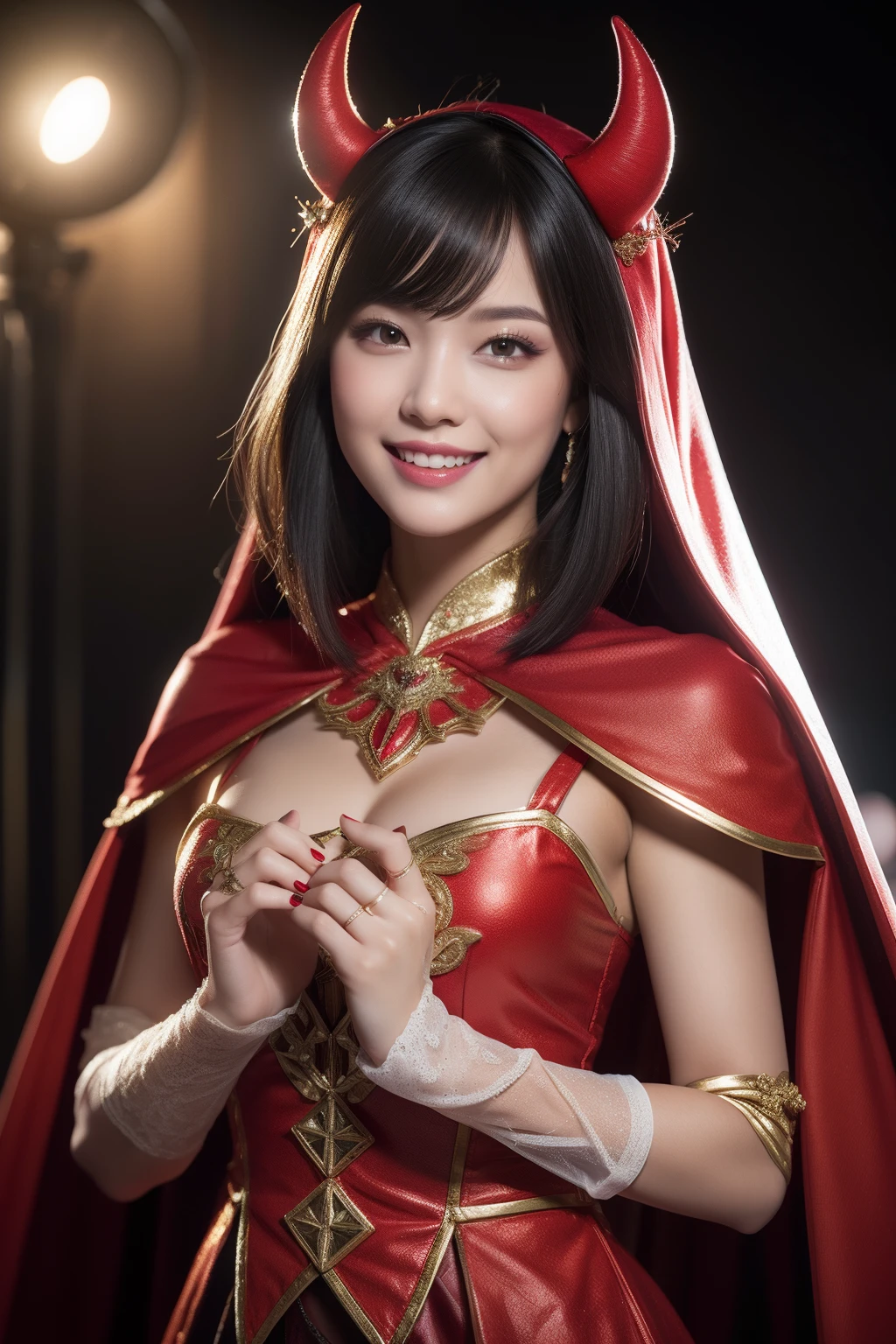 depth of field, cinematic lighting, reflection light, ray tracing, UHD, best quality, award winning, textured skin, masterpiece,realistic,female,kind smile,Professional,extreme detail description,Bokeh,physically-based rendering,HDR,UHD,8K,candy costume,sweet motifs,devil costume, red cape, pitchfork, mischievous allure, costume party,