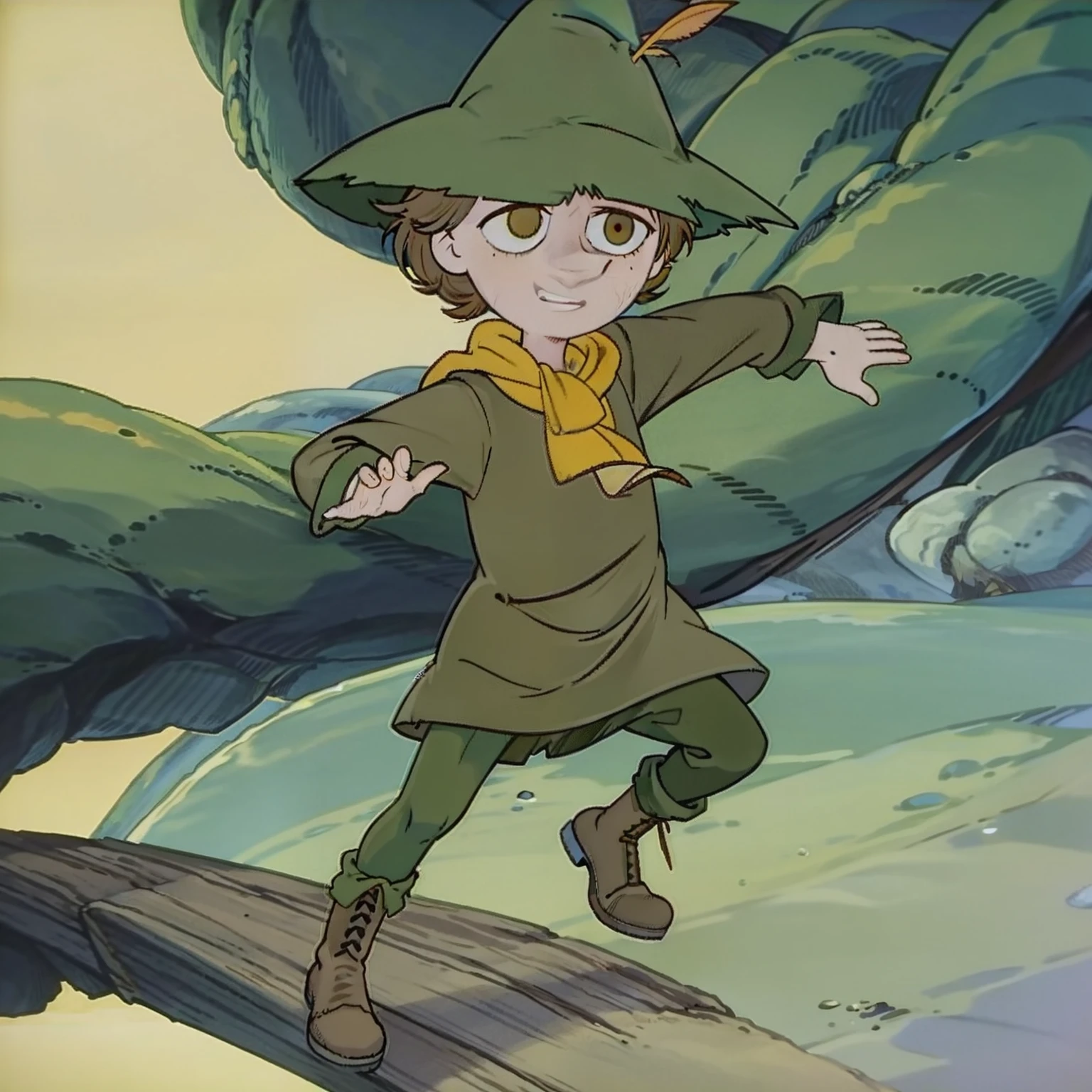 Snufkin, 1boy, short brown hair, pointy nose, green coat, green pants, brown boots, green hat with yellow feather, yellow scarf, dark brown eyes, perfect anatomy, solo, better hands, better face