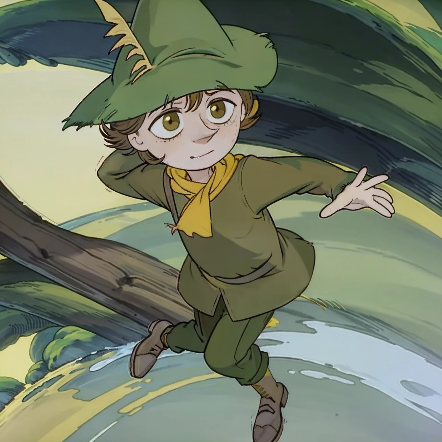 Snufkin, 1boy, short brown hair, pointy nose, green coat, green pants, brown boots, green hat with yellow feather, yellow scarf, dark brown eyes, perfect anatomy, solo, better hands, better face