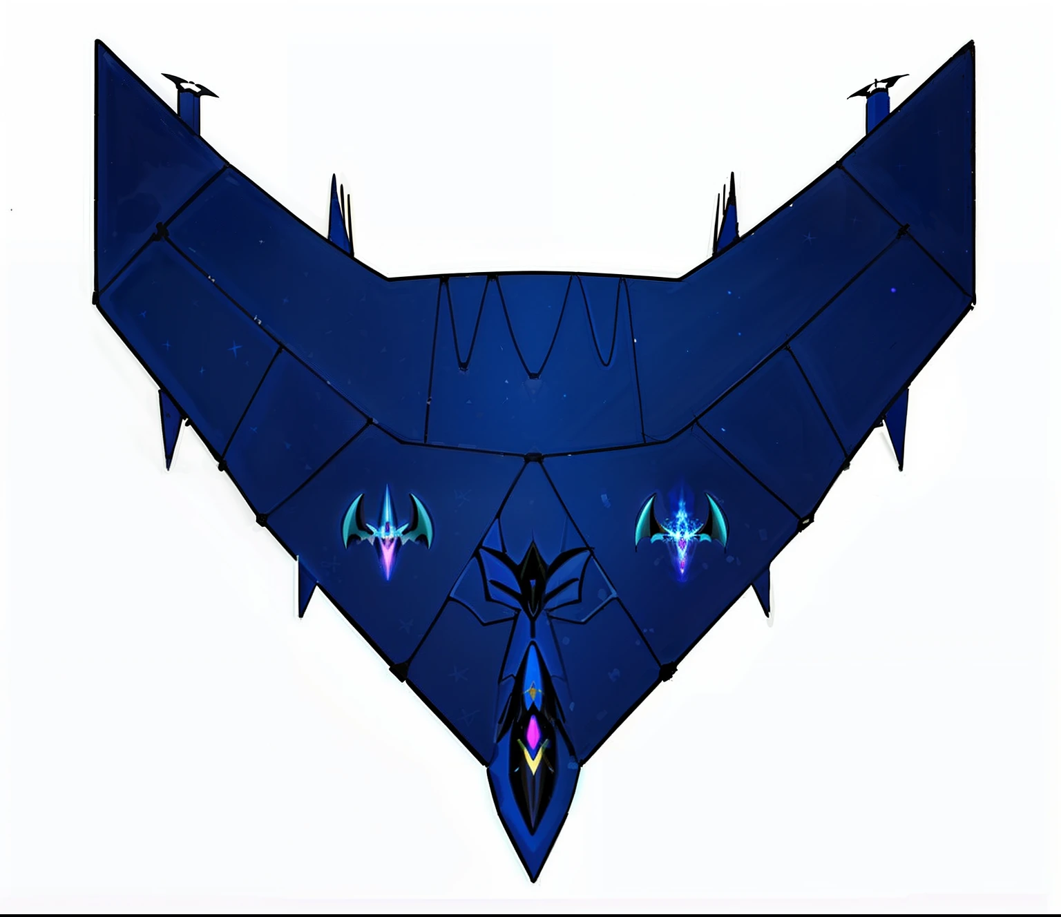 A blue kite with a black face and a blue tail, One blue ) and huge bat ears, v wing, 5th gen fighter, ascendent plane, Top-down view, top - down view, symetry!! concept-art, A scene from the《Intrepid Covenant》Omen, deployed wings, reaver drone, Blue cloak, Dark ( Spaceship ), cosmic horror entity with wings