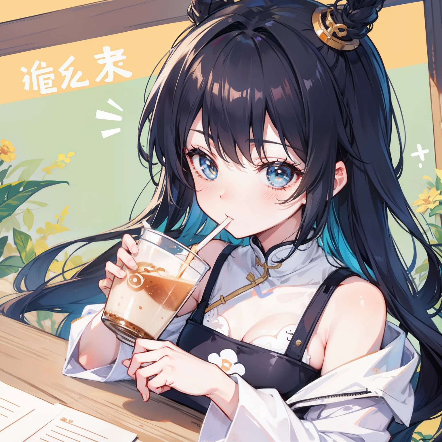 Draw a Zhen Huan drinking milk tea，Flat illustration，Cute Q version