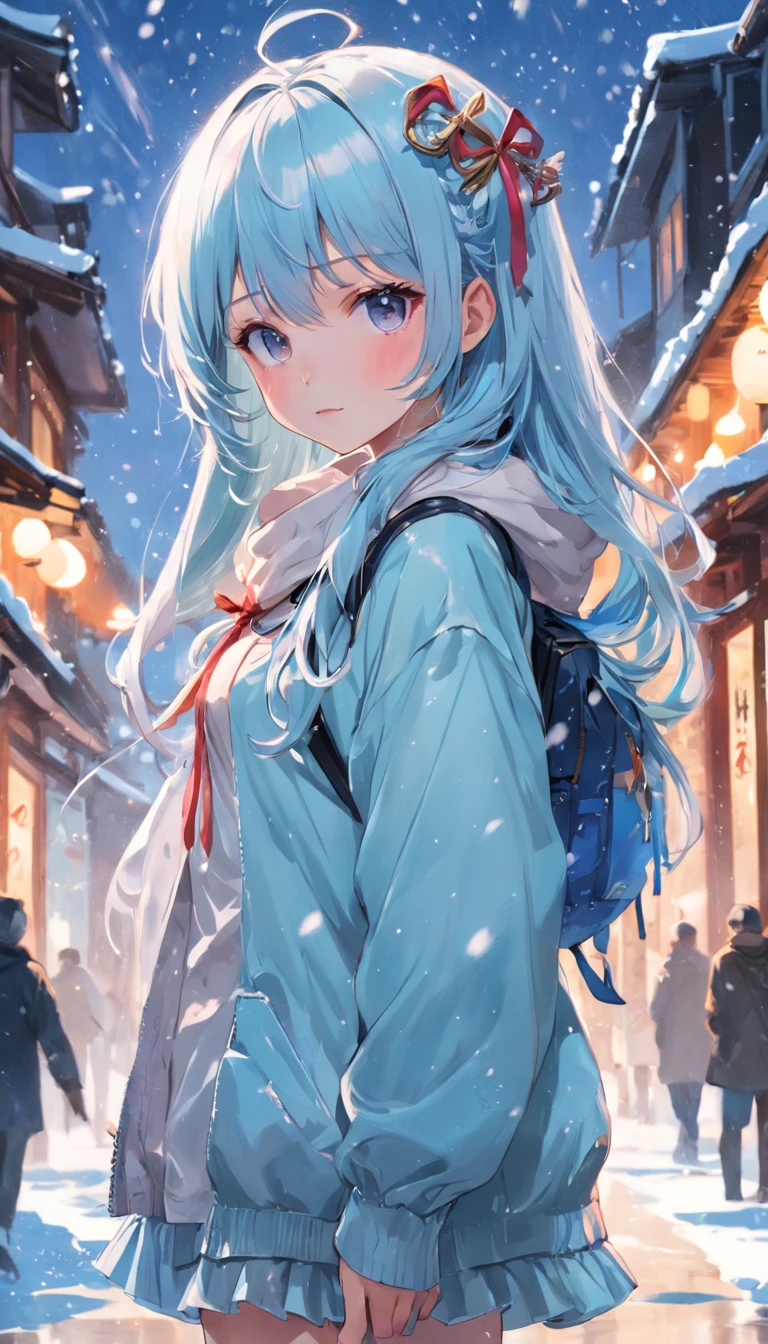 (masutepiece),full body Esbian, (Best Quality), (ultra-detailliert),(disheed hair),(Illustration), (1girll), (Fashionable clothing), girls, Fashion Model, (Simple background),beautiful and delicate eyes，Delicate beauty，On the snow，（high saturated），（Colorful splashes），Silver snow，（shine），Focus on the face，lightblue hair，By bangs，hair rings，Floating flowers，floated hair，（shiny），The best lighting，Best Shadow，