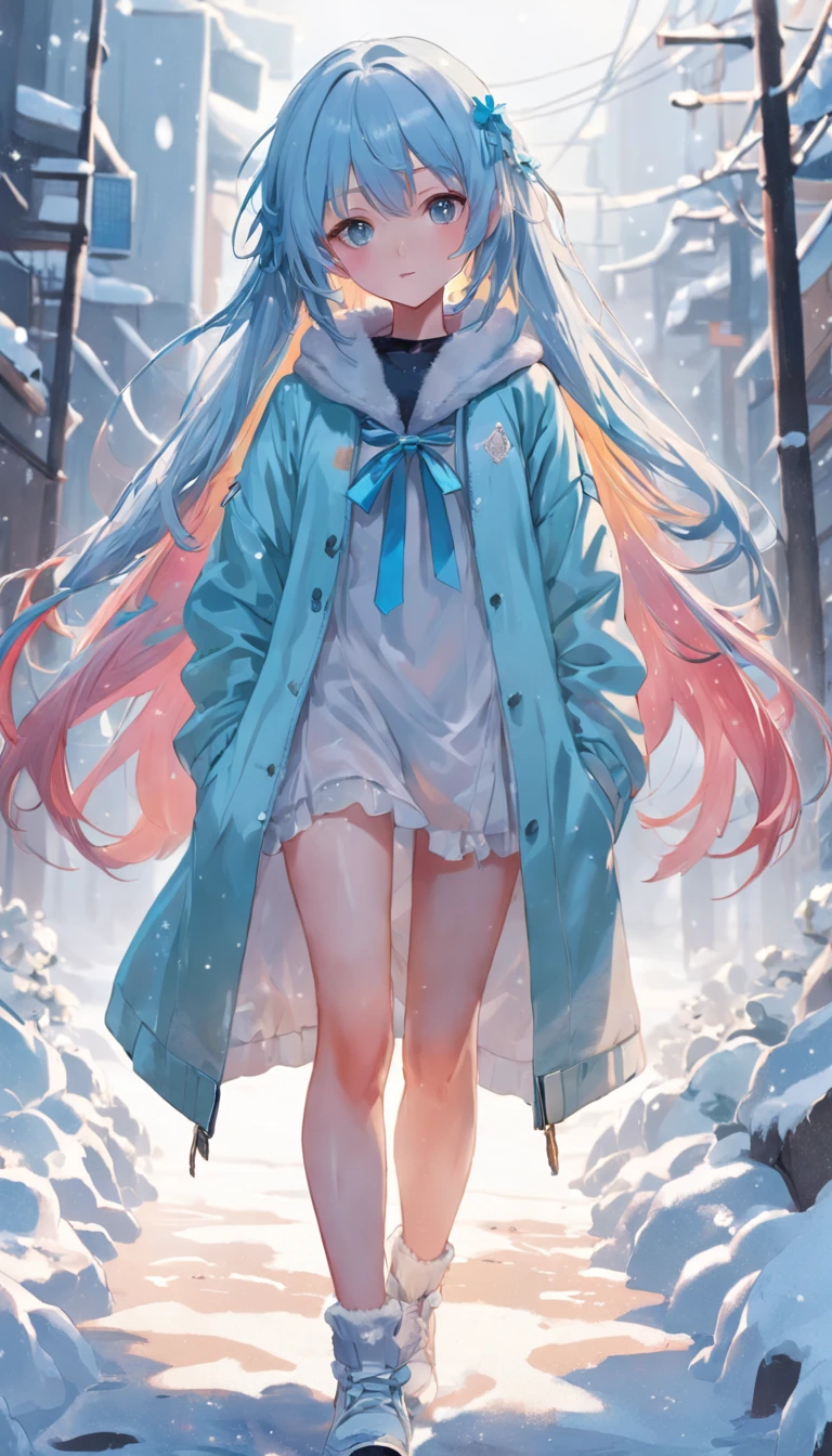 (masutepiece),full body Esbian, (Best Quality), (ultra-detailliert),(disheed hair),(Illustration), (1girll), (Fashionable clothing), schoolgirls, Fashion Model, (Simple background),beautiful and delicate eyes，Delicate beauty，On the snow，（high saturated），（Colorful splashes），Silver snow，（shine），Focus on the face，lightblue hair，By bangs，hair rings，Floating flowers，floated hair，（shiny），The best lighting，Best Shadow，