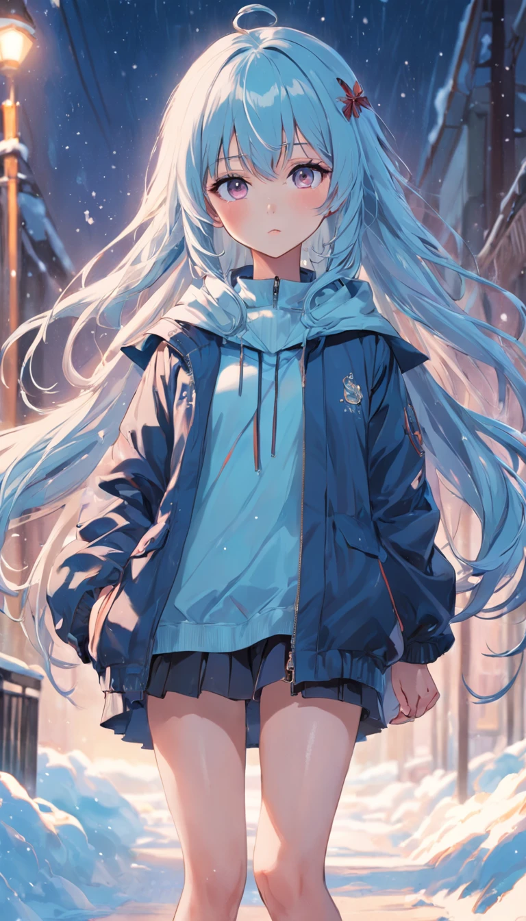 (masutepiece),full body Esbian, (Best Quality), (ultra-detailliert),(disheed hair),(Illustration), (1girll), (Fashionable clothing), schoolgirls, Fashion Model, (Simple background),beautiful and delicate eyes,Delicate beauty,On the snow,(high saturated),(Colorful splashes),Silver snow,(shine),Focus on the face,lightblue hair,By bangs,hair rings,Floating flowers,floated hair,(shiny),The best lighting,Best Shadow,