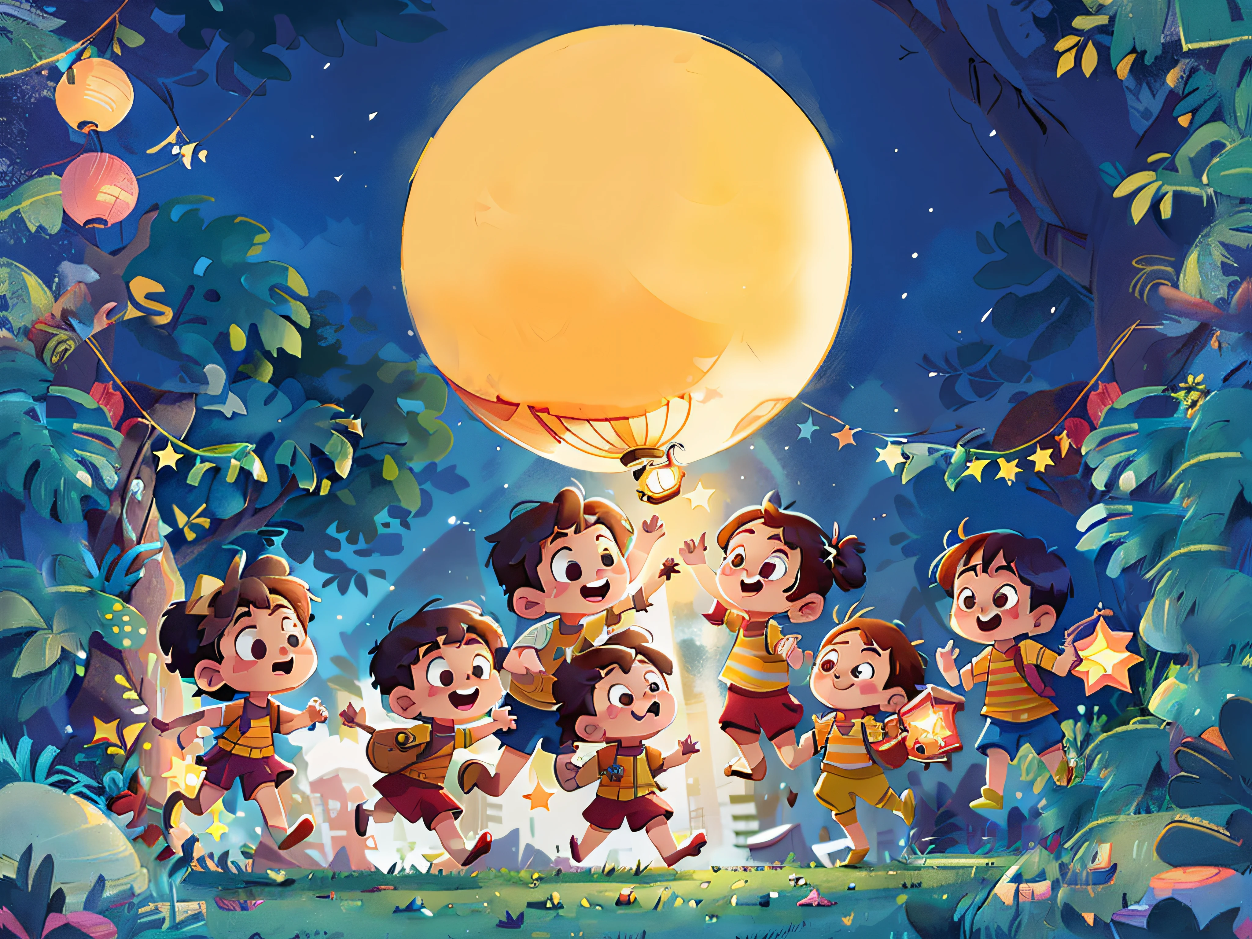 children are jumping high foward and holding star lanterns, lion lanterns, fish lanterns on their hand, backgound moutain