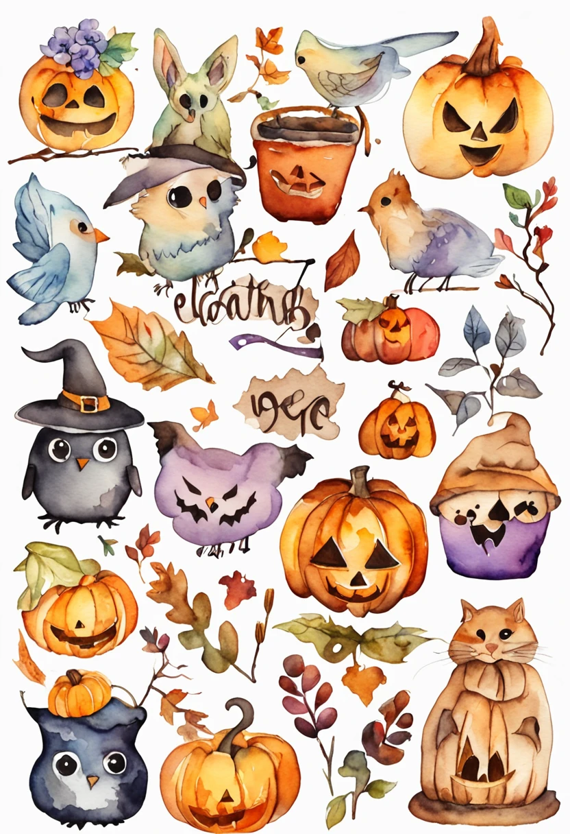 sticker, halloween cute, contour, colorful, watercolor,
