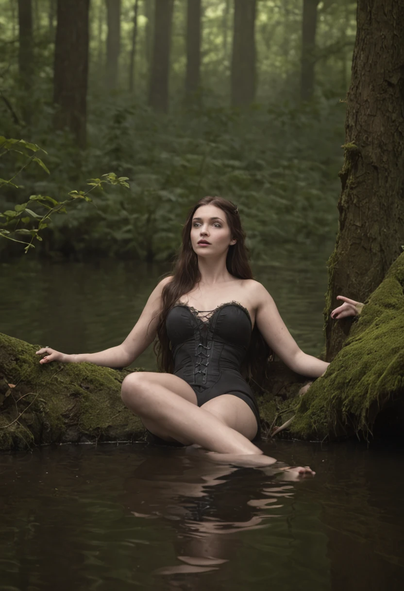 nтусклое освещение, A woman drowns up to her waist in a forest swamp, eine nahaufnahme eines, (Realistisches Fantasy-Rendering in einem Waldsumpf:1.0), matte painting portrait photo, Ein realistisches Foto, (Lust:1.3), Minirock, (Black stockings with garters:1.3), Lederjacke, Lederstiefel,