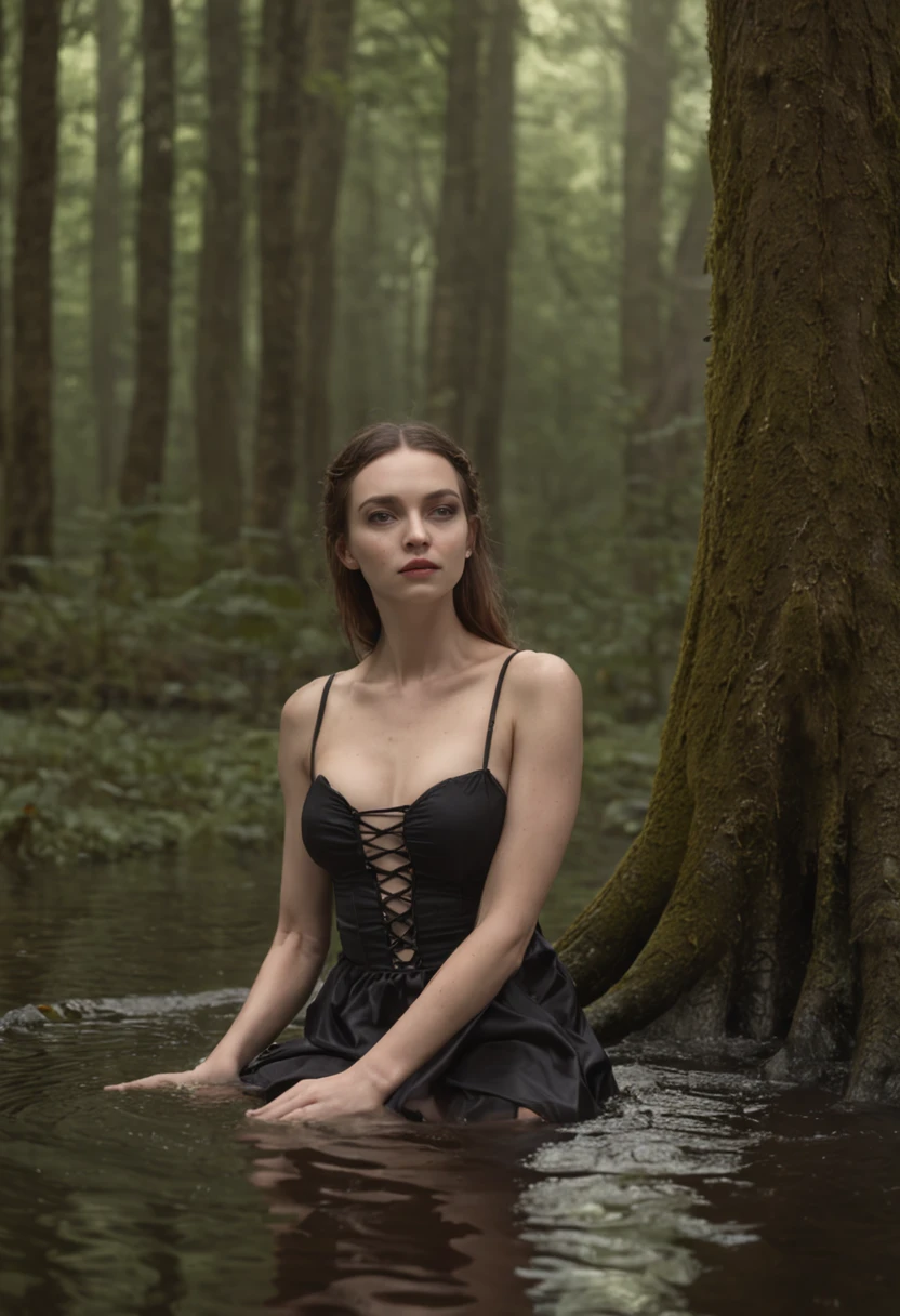 nтусклое освещение, A woman drowns up to her waist in a forest swamp, eine nahaufnahme eines, (Realistisches Fantasy-Rendering in einem Waldsumpf:1.0), matte painting portrait photo, Ein realistisches Foto, (Lust:1.3), Minirock, (Black stockings with garters:1.3), Lederjacke, Lederstiefel,