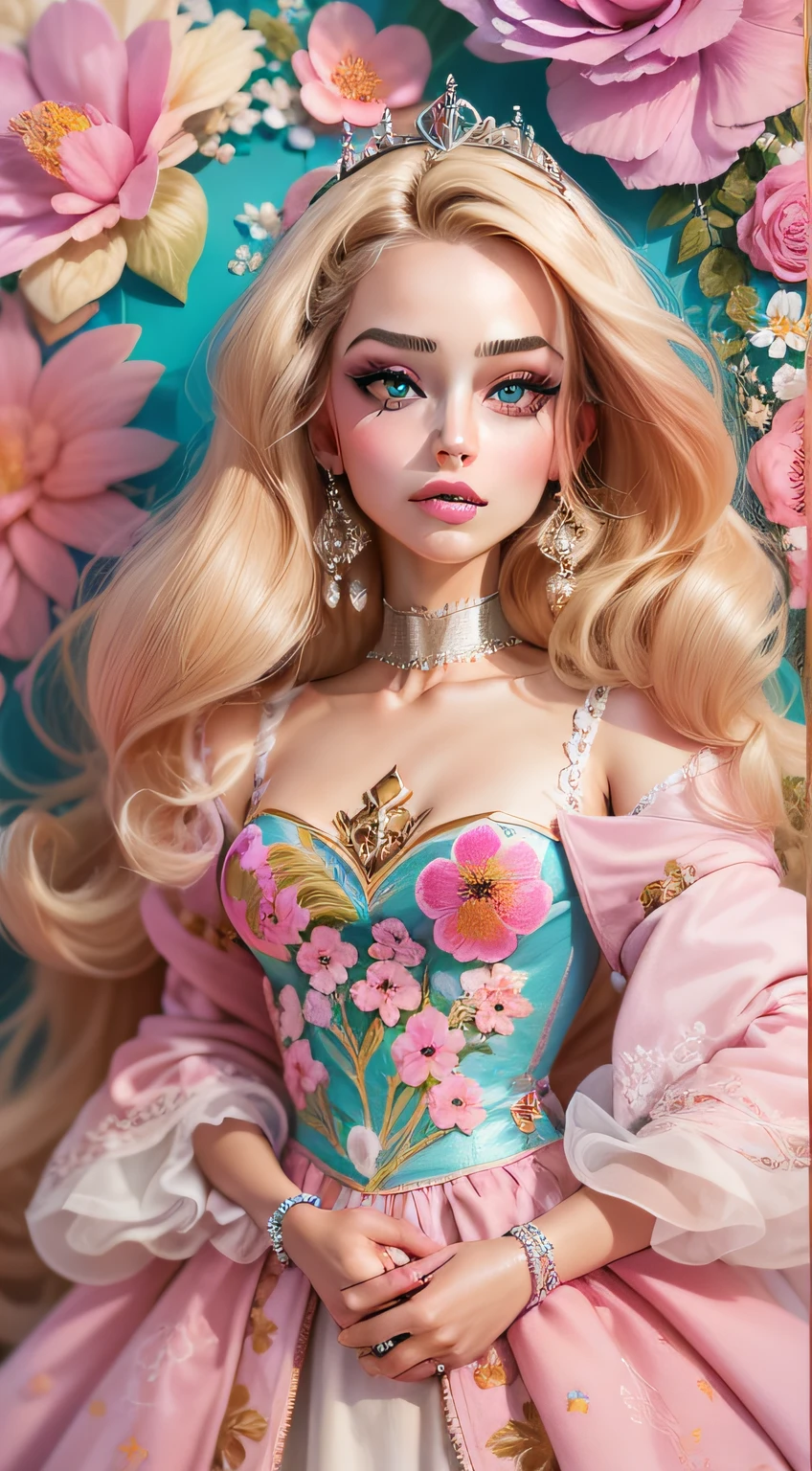 "Vibrant and captivating Barbie portrait with impeccable detail,(Barbie pink background)),barbiecore,A princess,cabellos largos dorados,Kizi,delicated face ,Radiant hair,Flawless, The doll features stylish clothing, stunning blue eyes, Perfect style (Blonde hair:1.2). Soft lighting accentuates her beauty, Glitter adds a touch of magic. Set against a fantastic background,Full of pastel colors and delicate flowers, The composition creates a whimsical and captivating atmosphere.+"