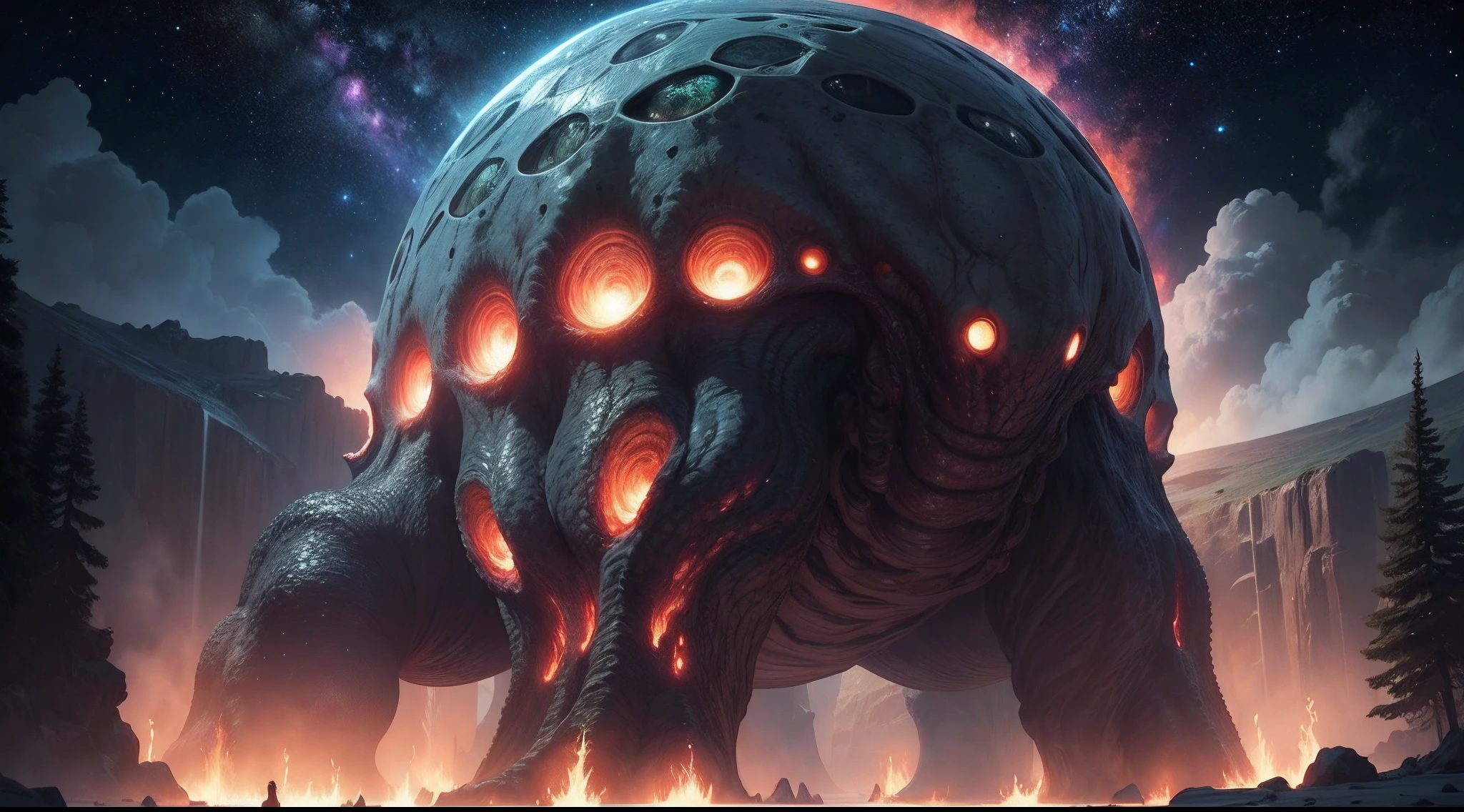 Ultra-clear detailed；Realistic；8K；A huge ancient creature，Cthulhu style full of wisdom；The back of a human；The background is a grand galaxy in space，There is a red glow in the distance；Darkness of terror shrouded；Diffuse shimmer；There is no terrain；