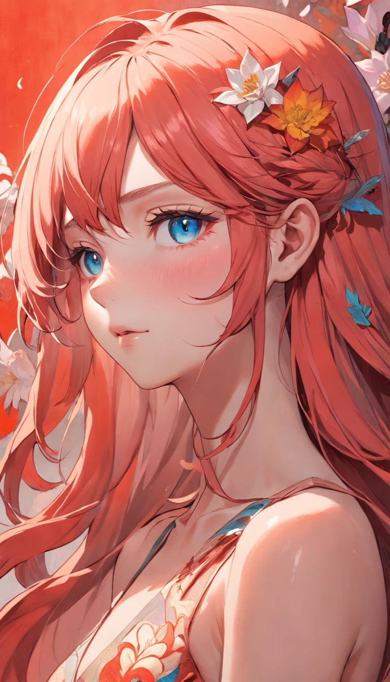 (beauty side face,long colored hair,closing eye,Naked shoulders,red blush,Masterpiece Narcissus),Iridescent background, (Illustration:1.2,paper art:1.2, Zentangle, 3d rendered),(Best Quality, high detal, masutepiece, Cinematic lighting, 4K, Chiaroscuro)