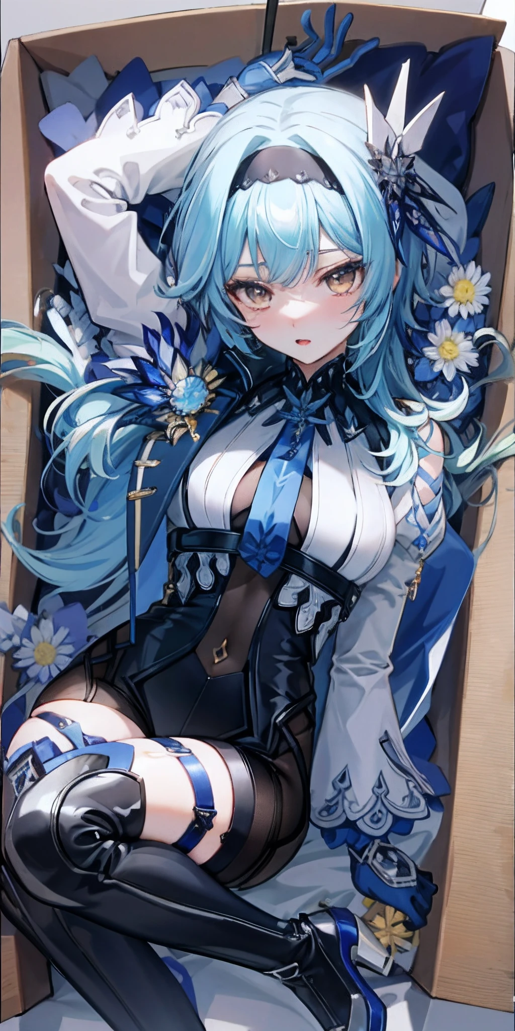 (tmasterpiece,top-quality,best qualityer,offcial art,Beauty and aesthetics:1.2),(8K,best qualtiy,tmasterpiece:1.2),There was a woman sitting in a box full of money and diameters,The facial expressions are so sexy and seductive,The color of the box is blue,What's in the box is Primo Jim Shin Shin Shock,Open your smiling mouth, sad expressions,Lie in the box,big box,Stick legs out of the box