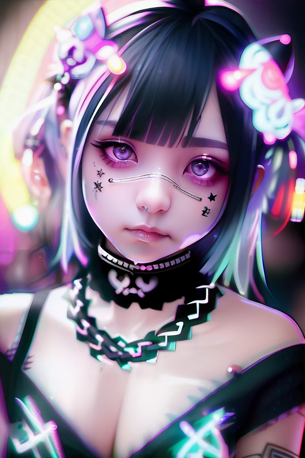 tattoo、head phone、🎧、A dark-haired、Black hair、🏴‍☠️、skull、☠️、Green hair color、❤️、Pink hair、blue hairs、Colorful Hair Color、goth_punk, 1girl in, 独奏, medium shot, Walking in Harajuku, ((during night)), bokeh dof, Neon light, Iridescent eyes, starrysky, White shiny hair, White eyebrows, Radiant hair, (iridescent white hair), 耳Nipple Ring, bangss, jewely, masks, bluntbangs, verd s eyes, Mouth mask, blurry backround, bblurry, hair adornments, Look at viewers, shorth hair, portraitures, side locks